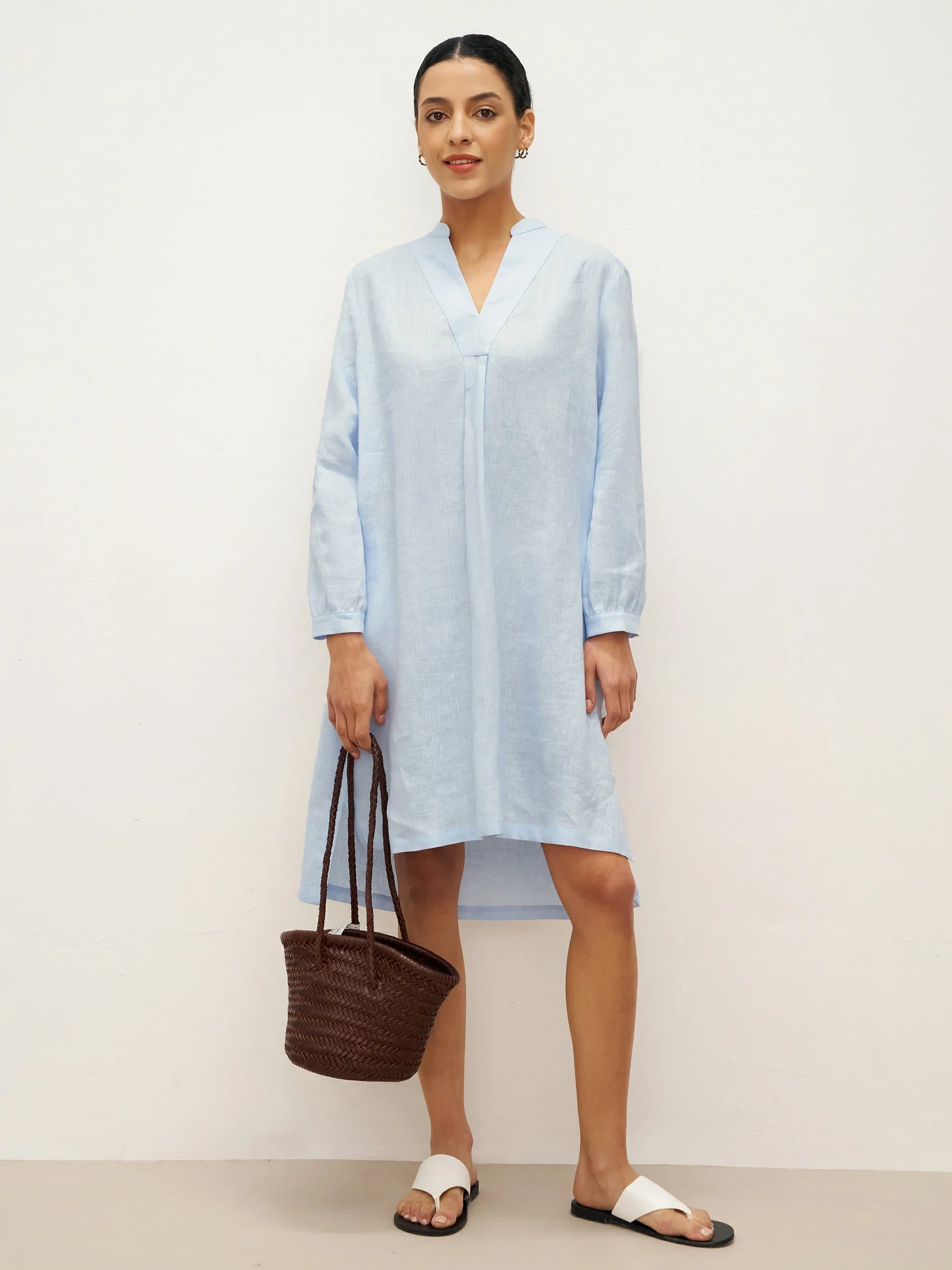 100% Linen V-Neck Pullover Shirt Dress JADEN