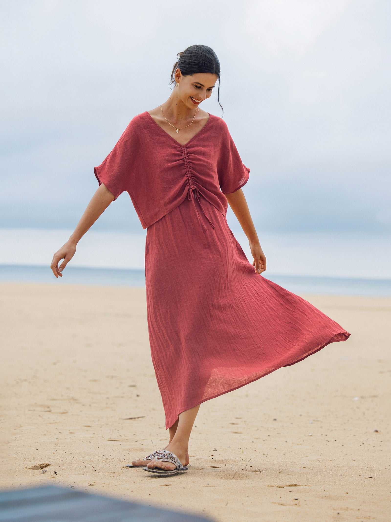 100% Linen Strappy Maxi Dress & Cover-Up Set UNA