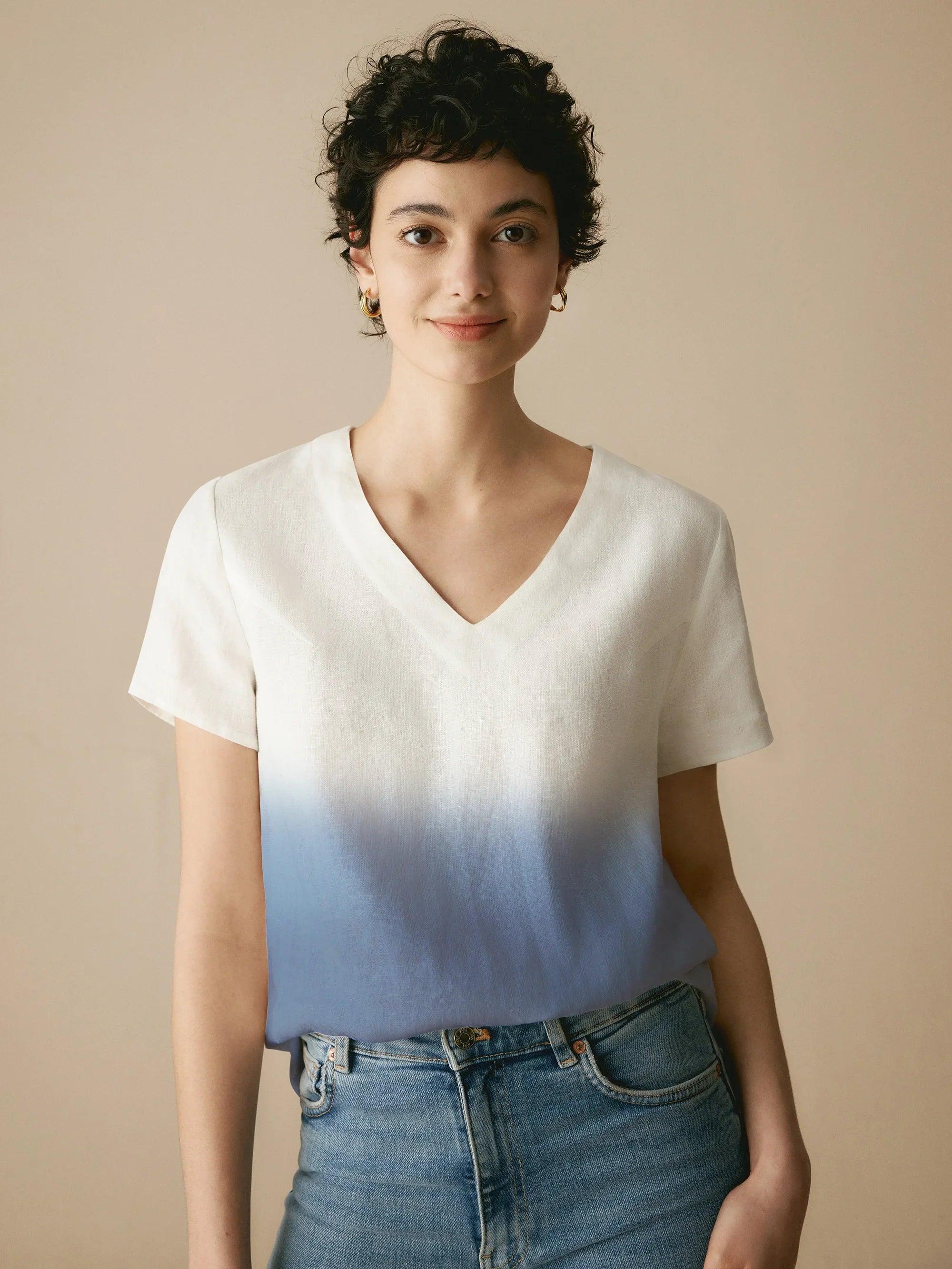 100% Linen Easy Popover V-Neck Boxy Top DAWN