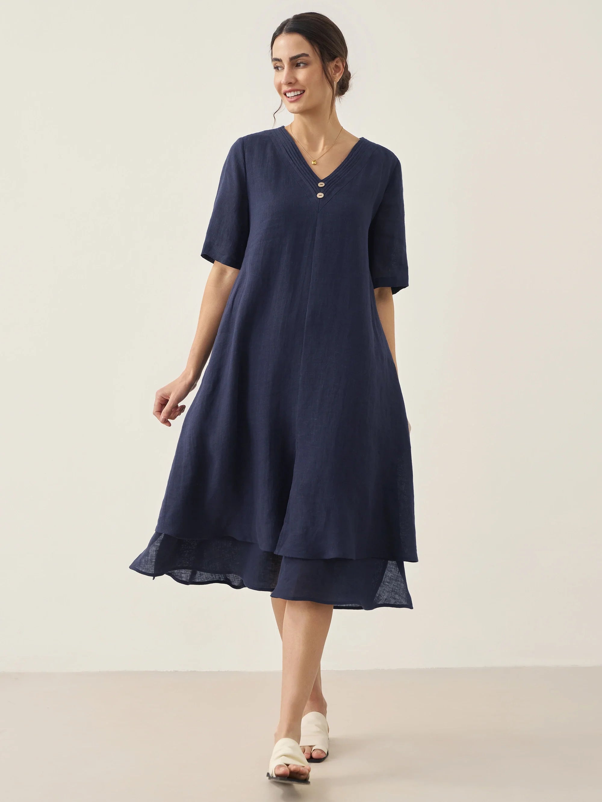 100% Linen V-Neck Double-Layer Midi Dress JAYDA