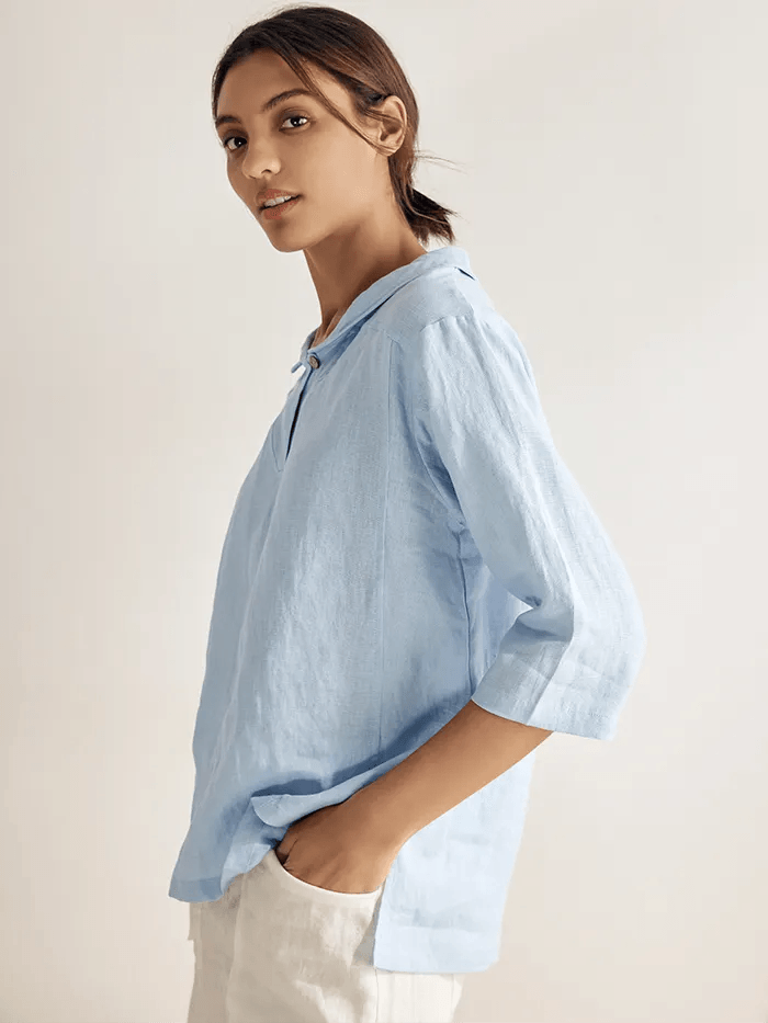 100% Linen Shawl V-Neck Half Sleeve Top JADE