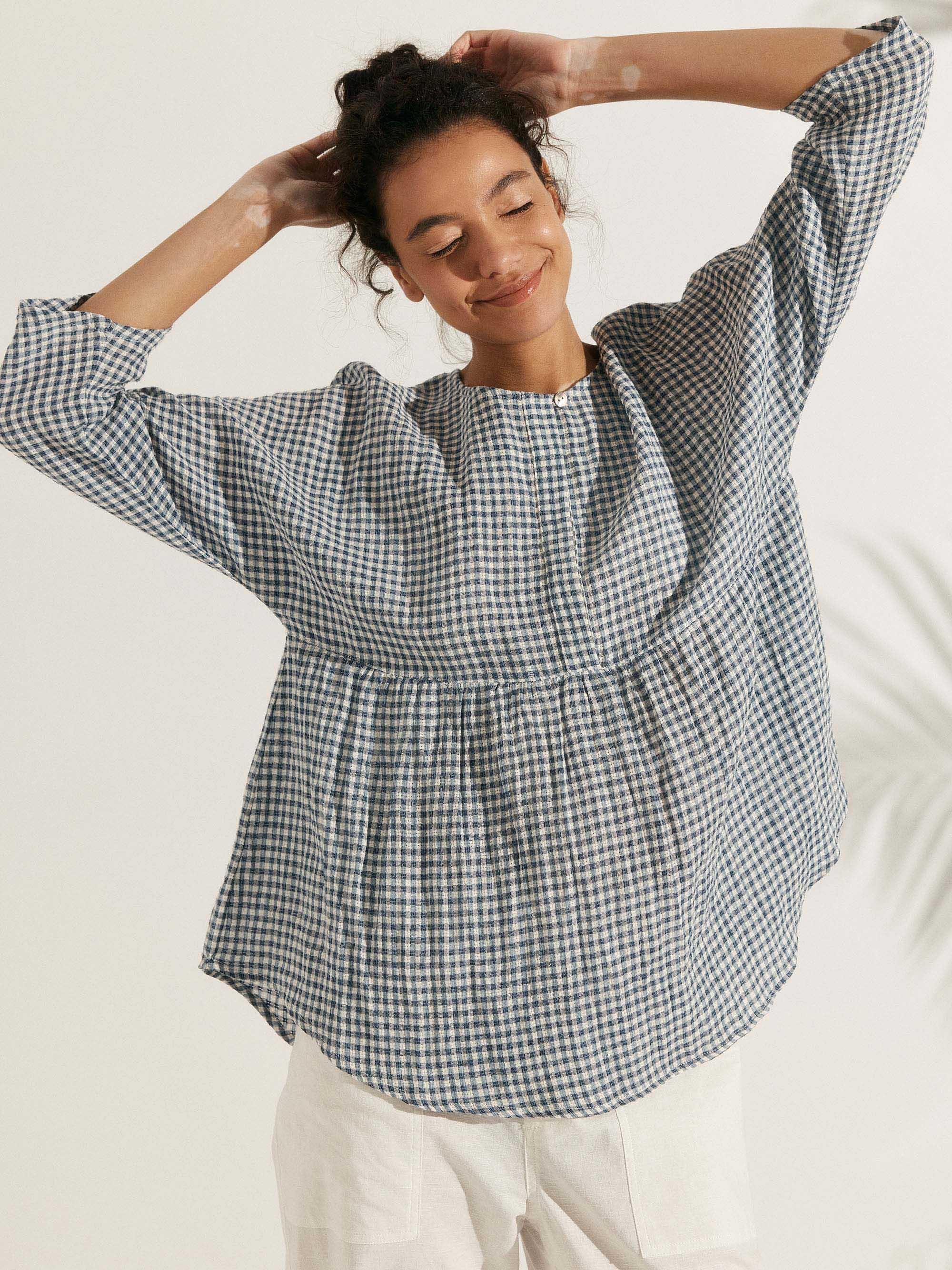 Linen Checked Long-Sleeved Top CAROLINE