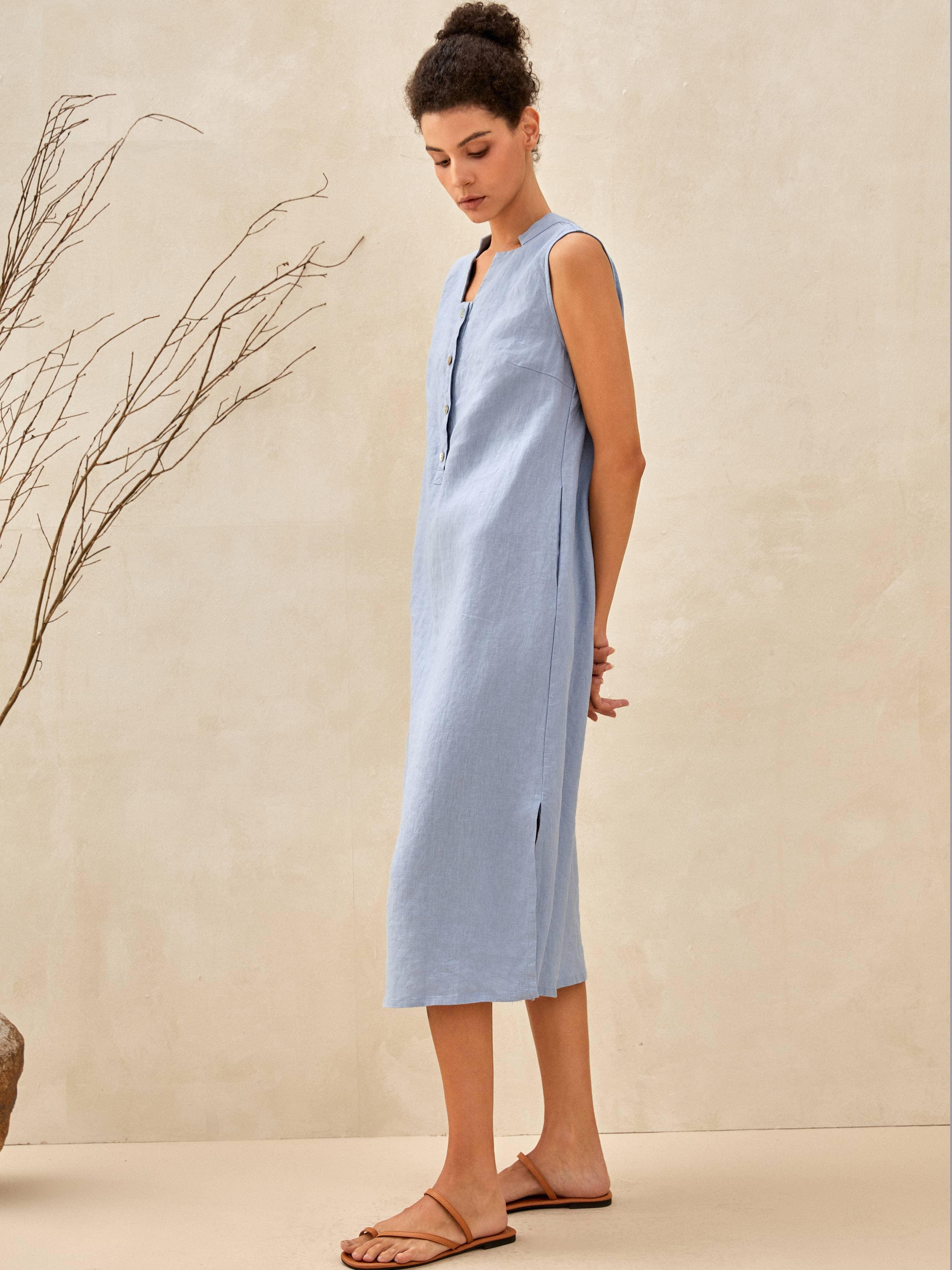 100% Linen Sleeveless Straight High Slit Maxi Dress TAYLOR