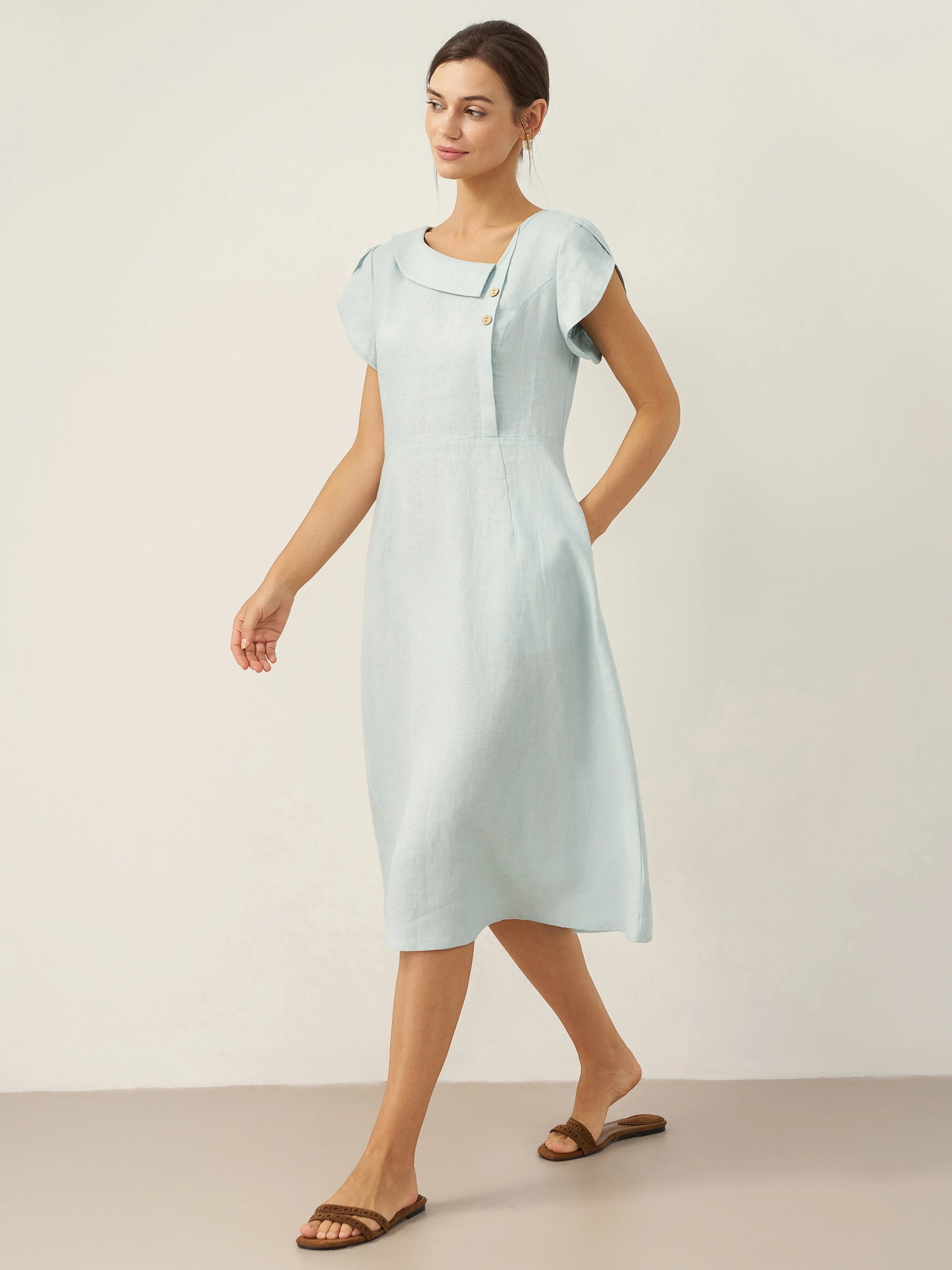 100% Linen Crescent Collar Flutter Sleeve Midi Dress FIONA