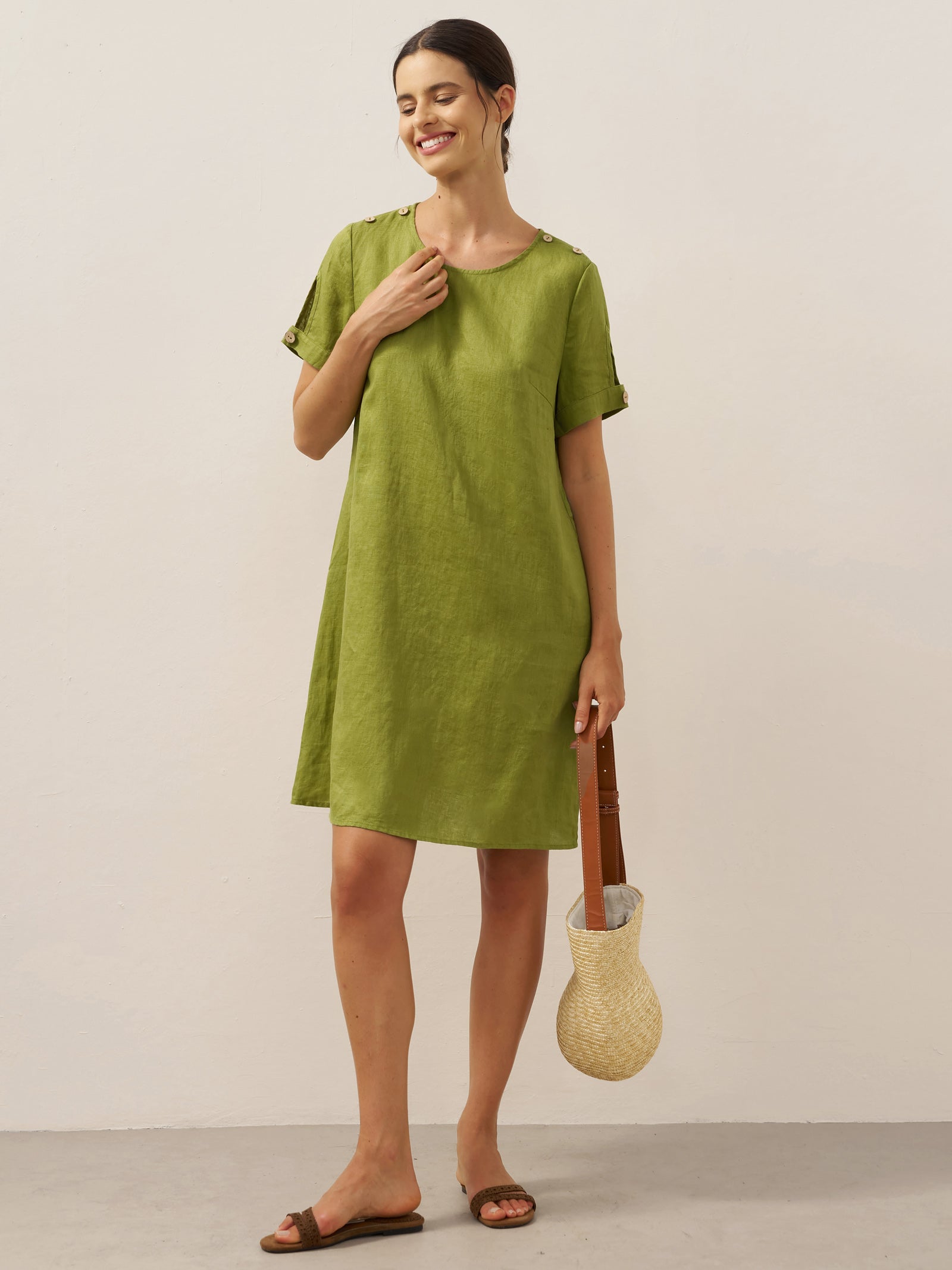 100% Linen Eyelet Short Sleeve Mini Dress LIA