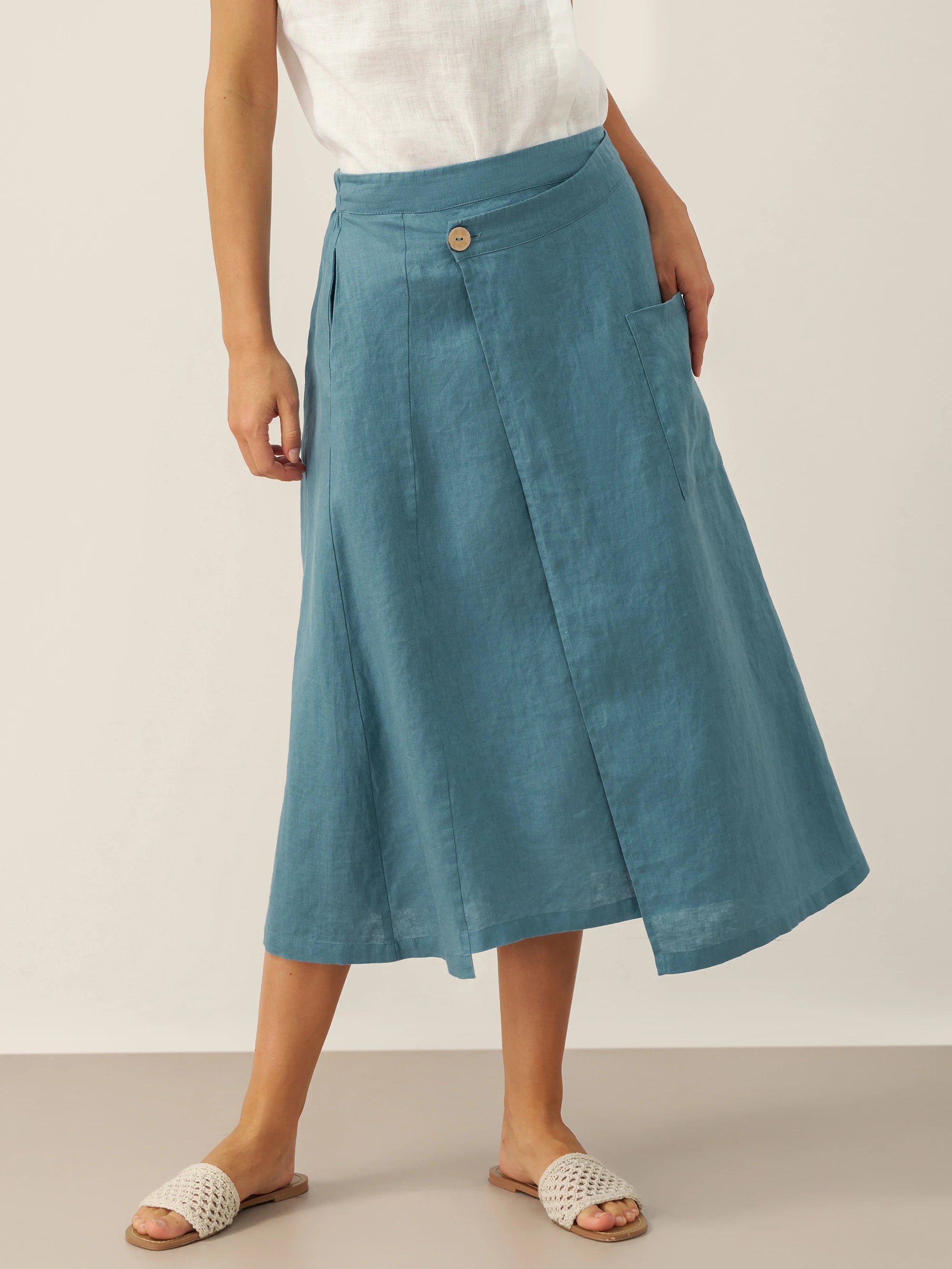 100% Linen Angled Closure Wrap Skirt FRESSA