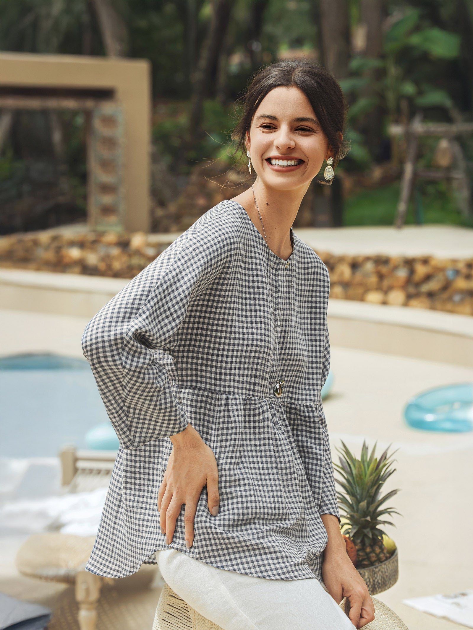 Linen Checked Long-Sleeved Top CAROLINE