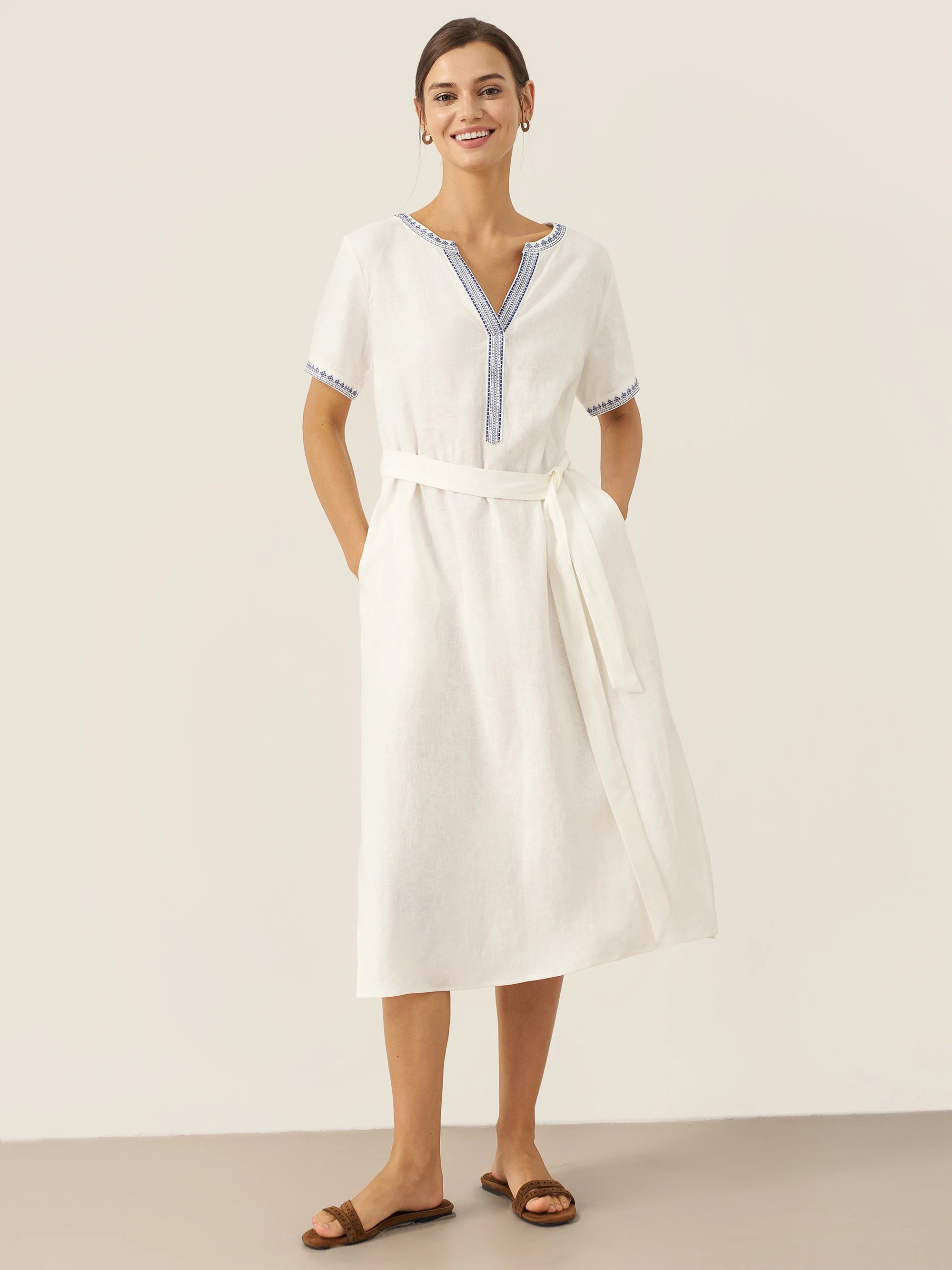 100% Linen Embroidered V-Neck Midi Dress with Belt FELLIS
