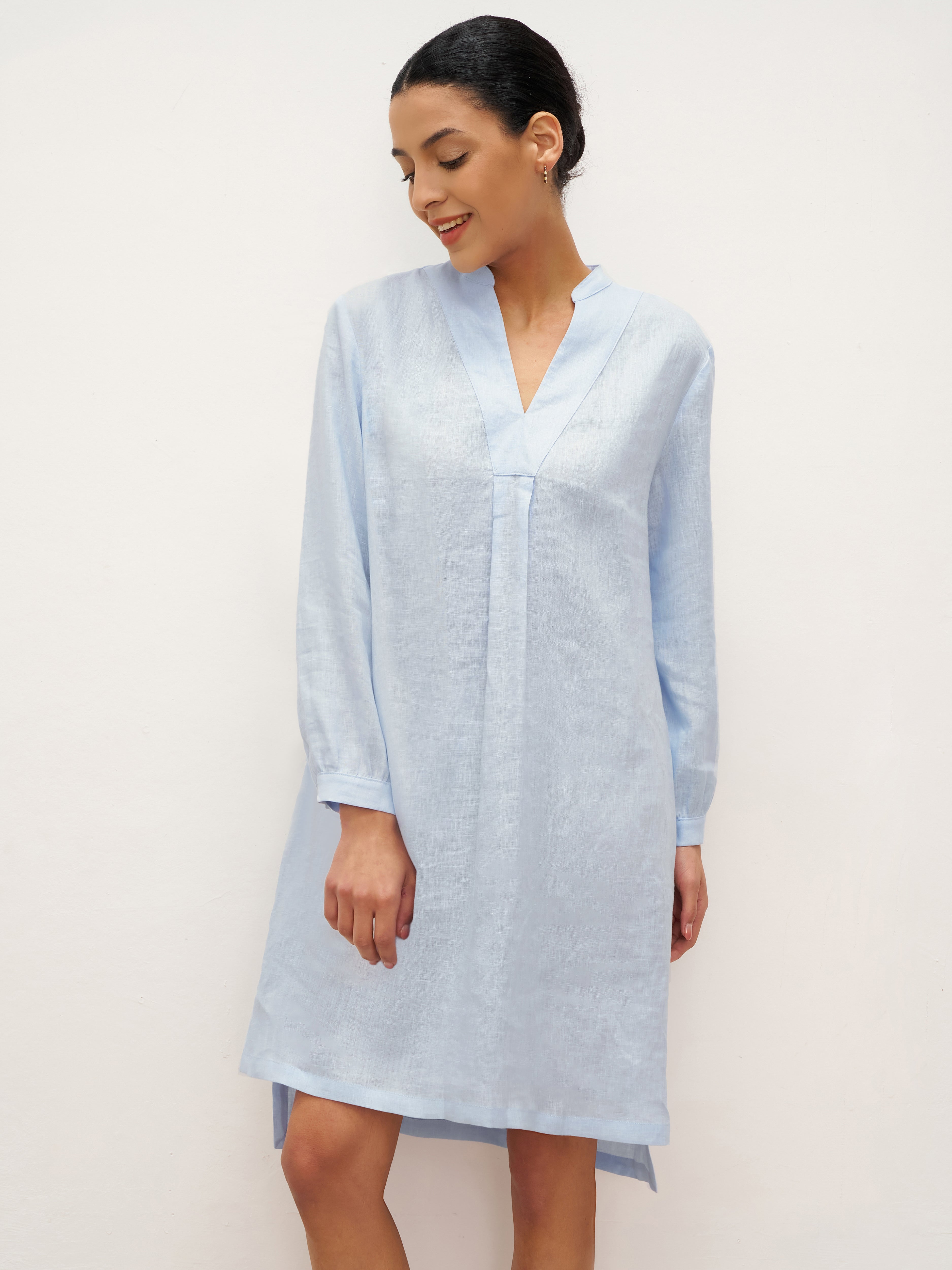 100% Linen V-Neck Pullover Shirt Dress JADEN