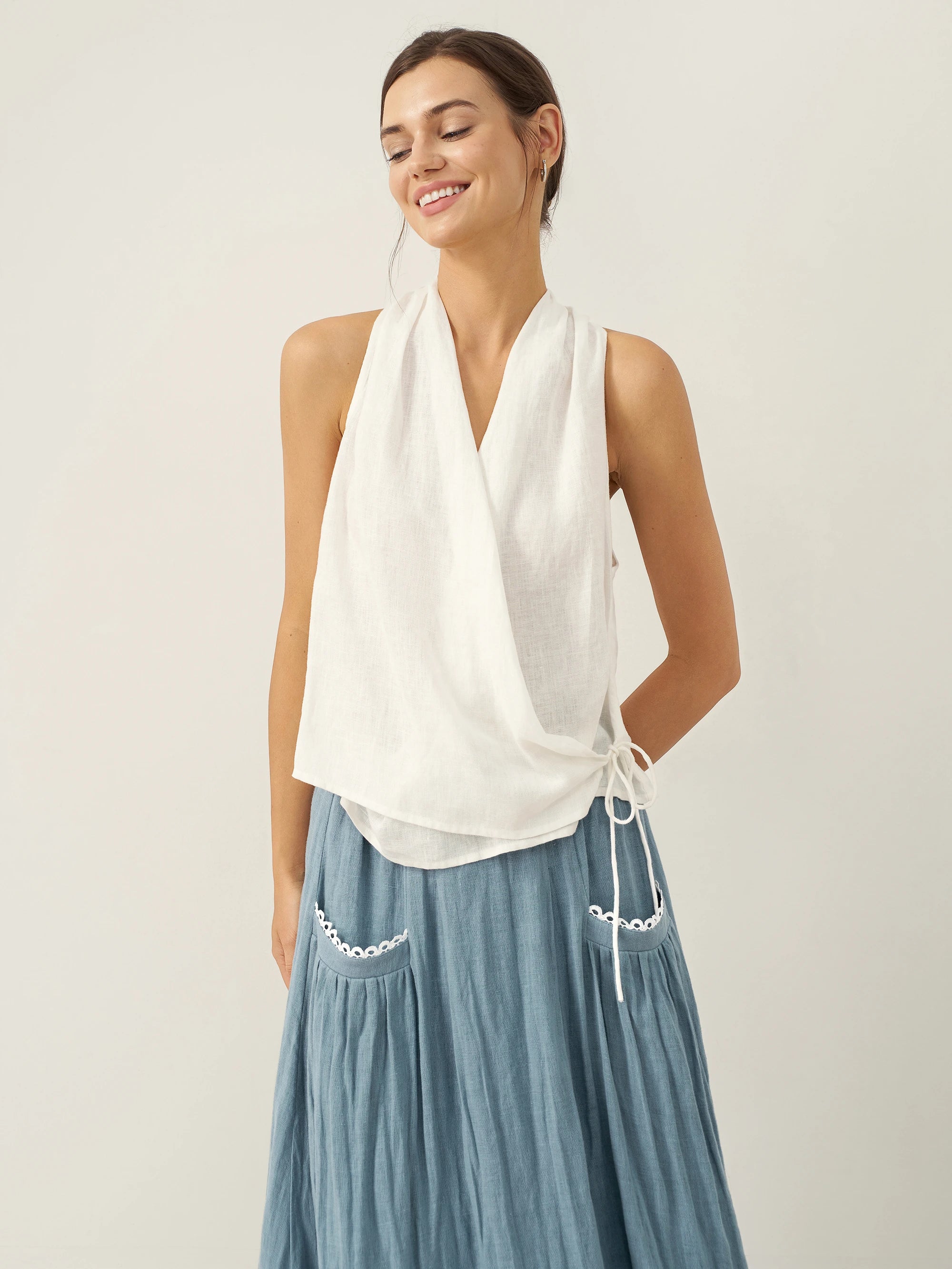 100% Linen Halter Neck Tie-Front Crop Top FAYE