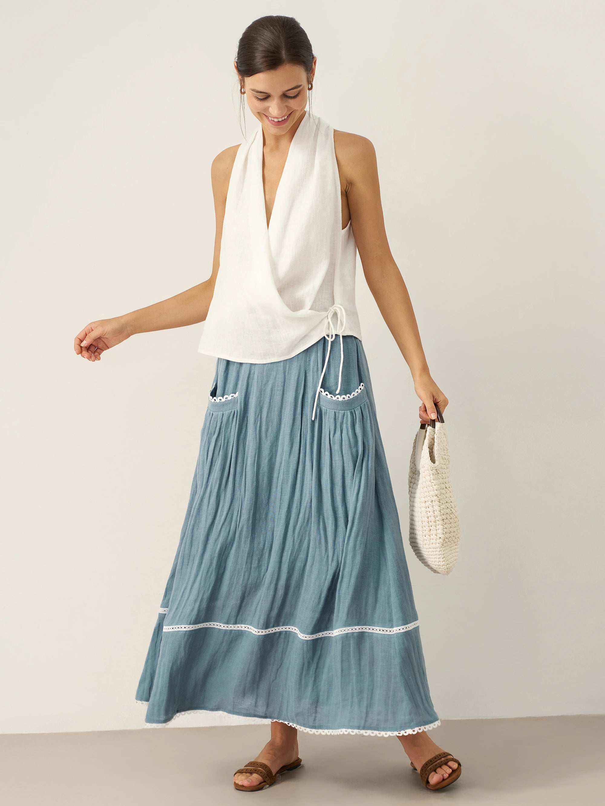 100% Linen Halter Neck Tie-Front Crop Top FAYE