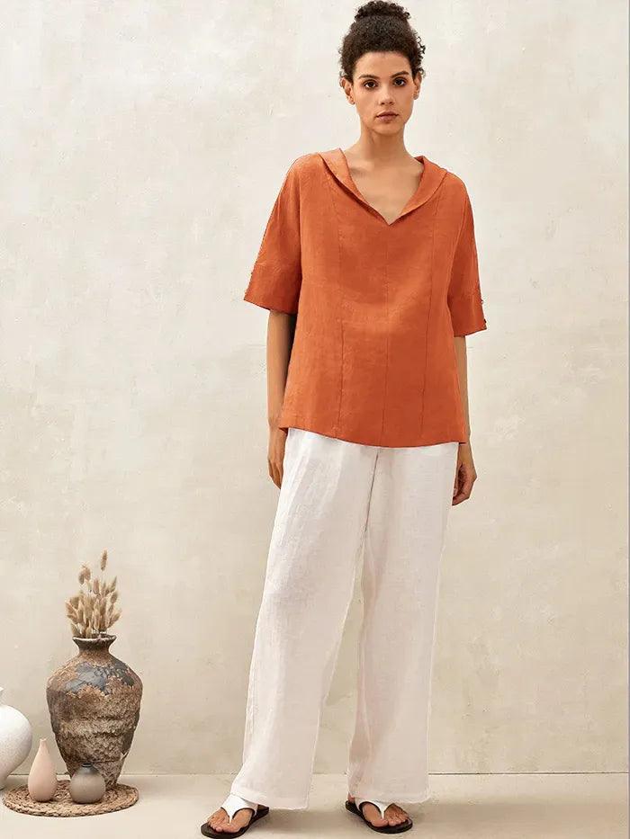 100% Linen V-Neck Short Sleeve Shirt