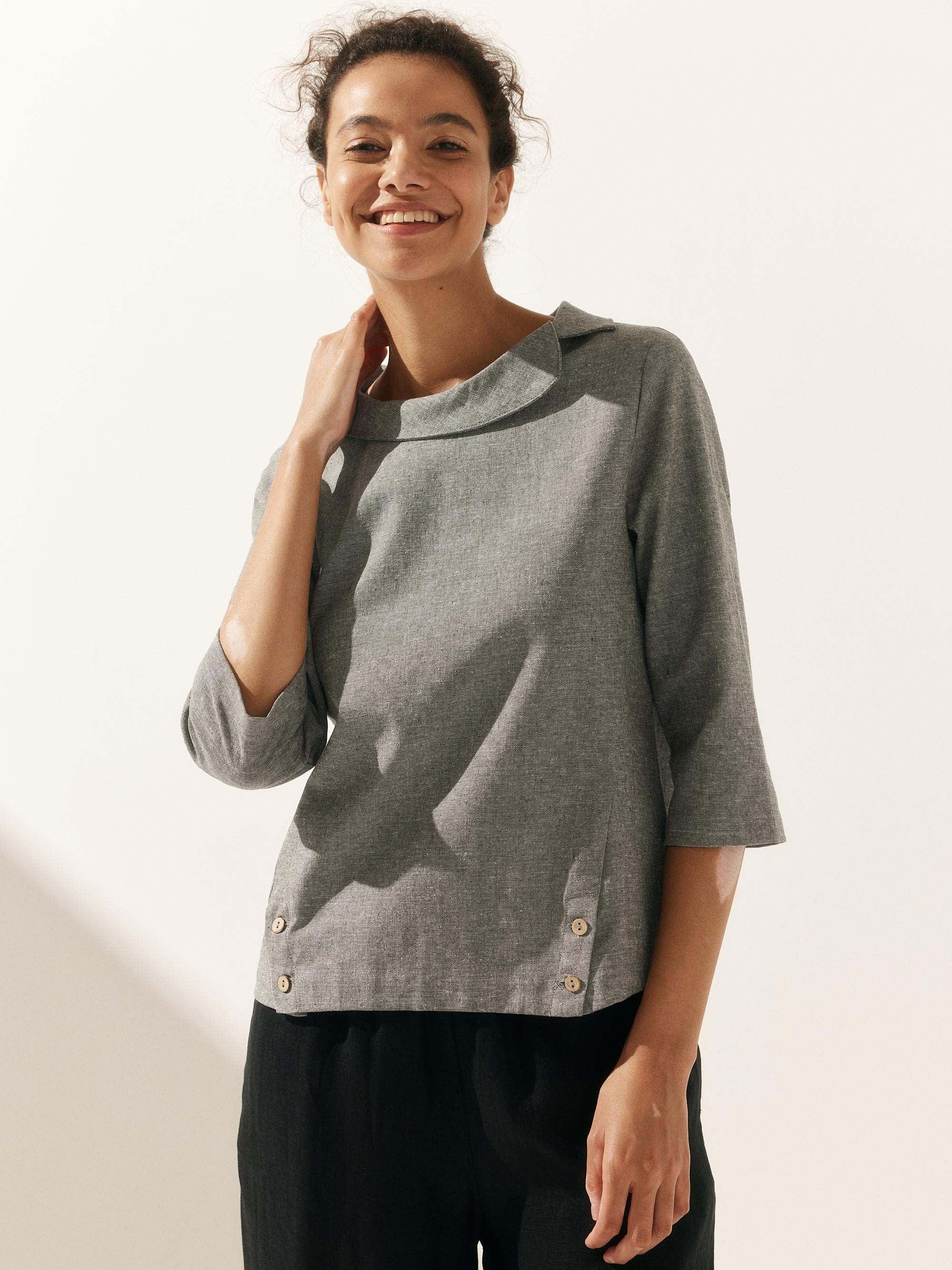 Linen Gingham Checked Round Soft-Fold Collar Top LAURA