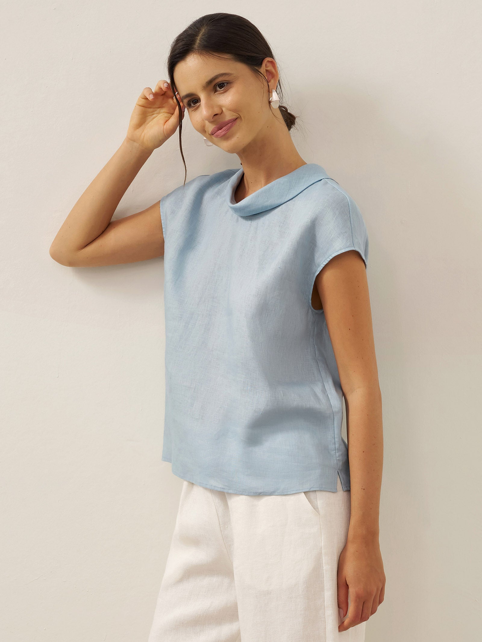 100% Linen Cap Sleeve Soft-Fold Collar Top YVONNE