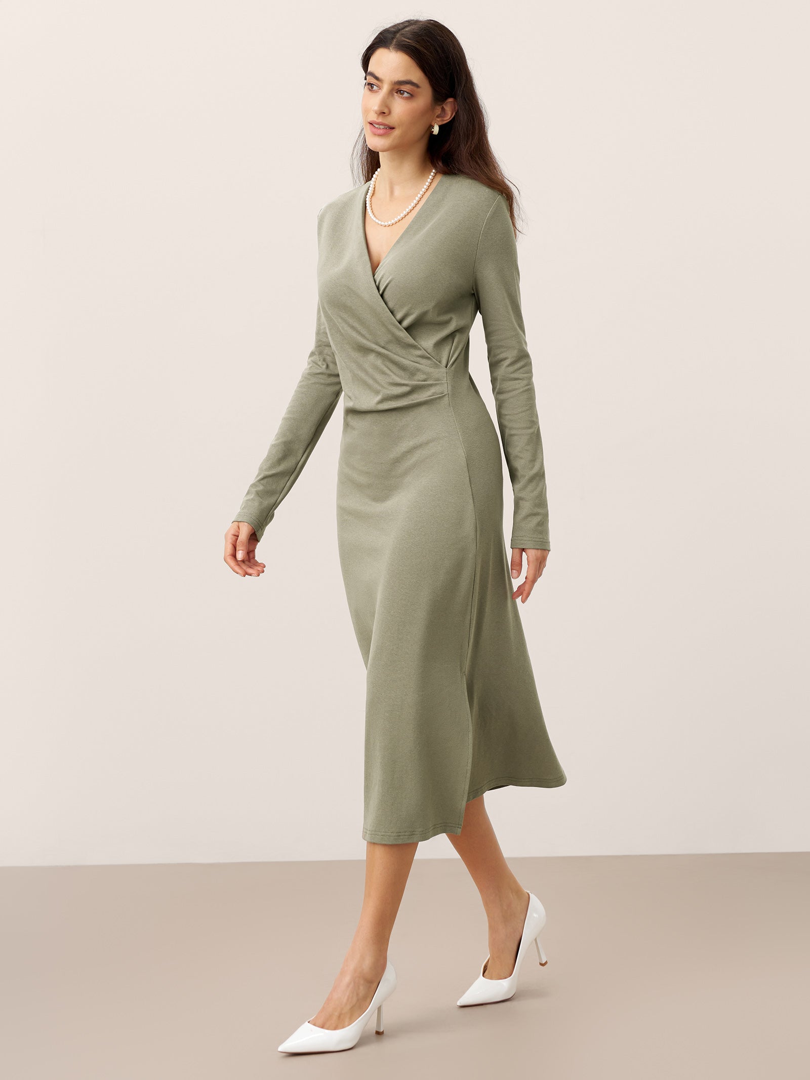 Linen Crossover V-Neck Wrap Stretch Midi Dress MARNIE