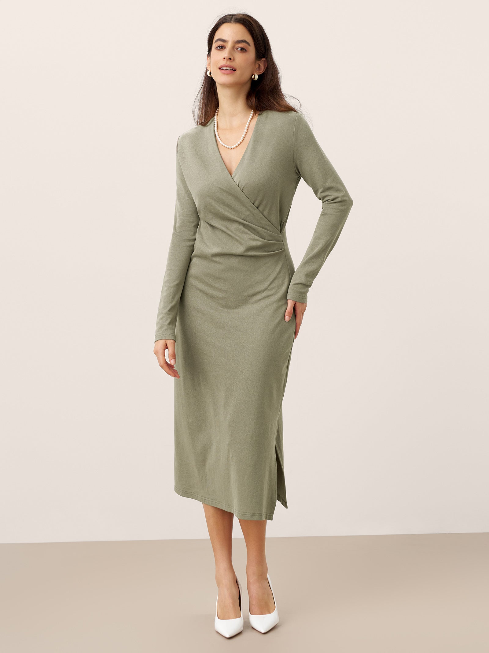 Linen Crossover V-Neck Wrap Stretch Midi Dress MARNIE