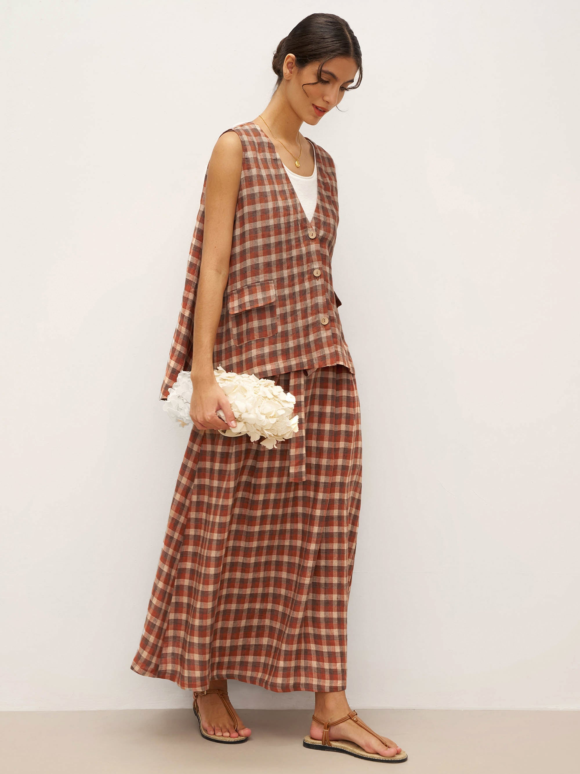 100% Linen V-Neck Checked Oversized Vest DORIS