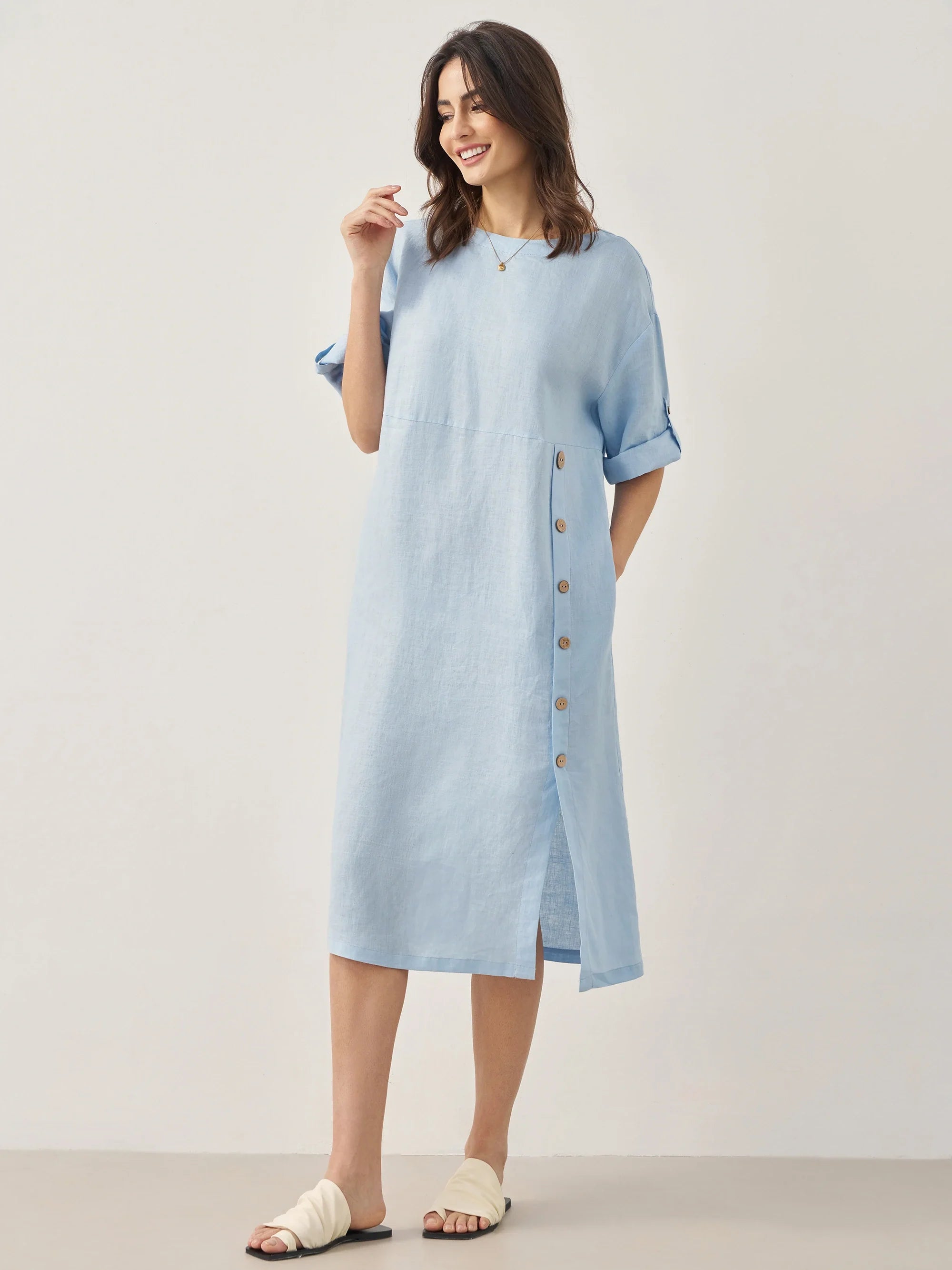 100% Linen Round Neck Button Detail Midi Dress JELENA