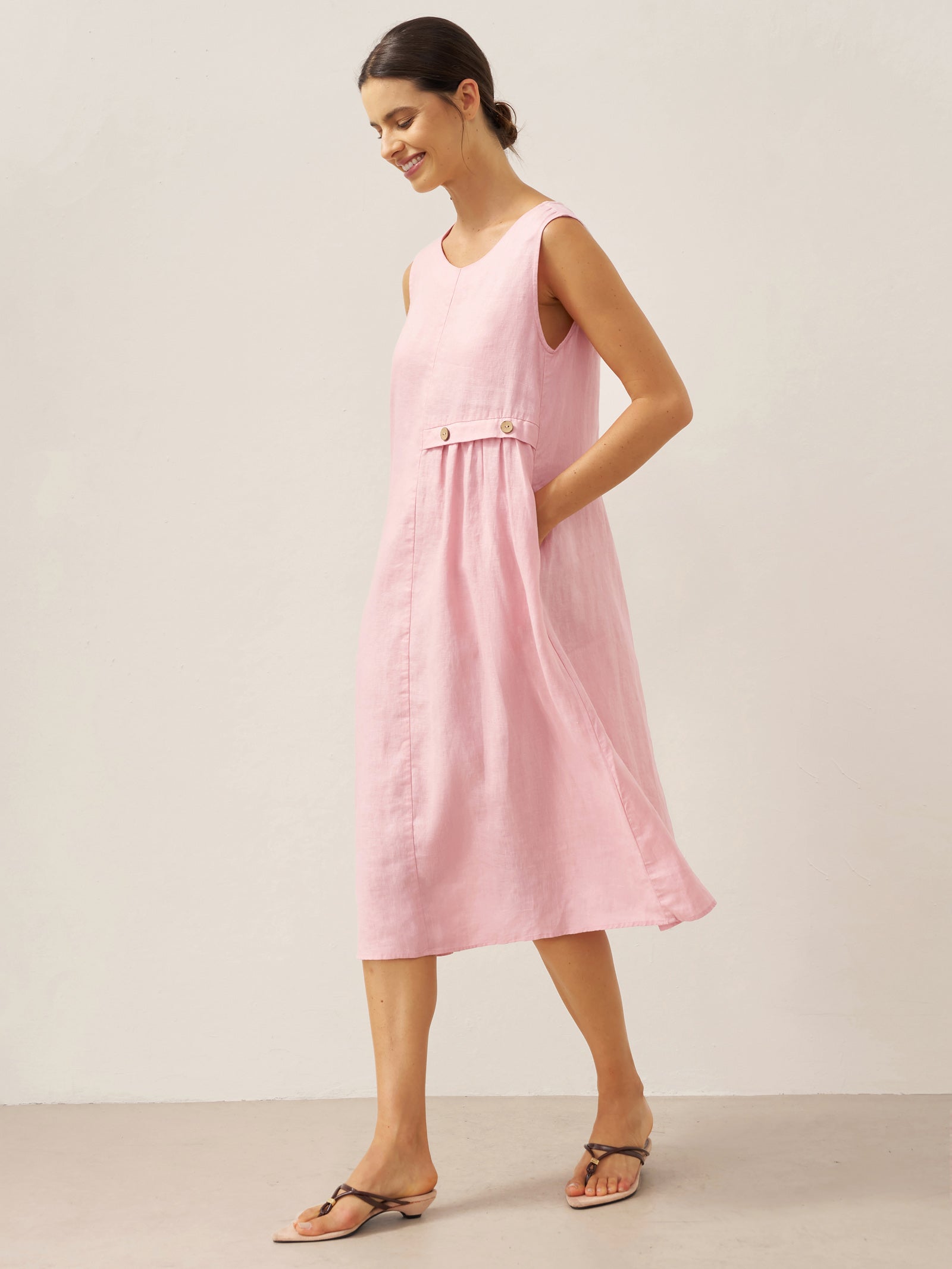 100% Linen Sleeveless Accordion Pleat Midi Dress TINA