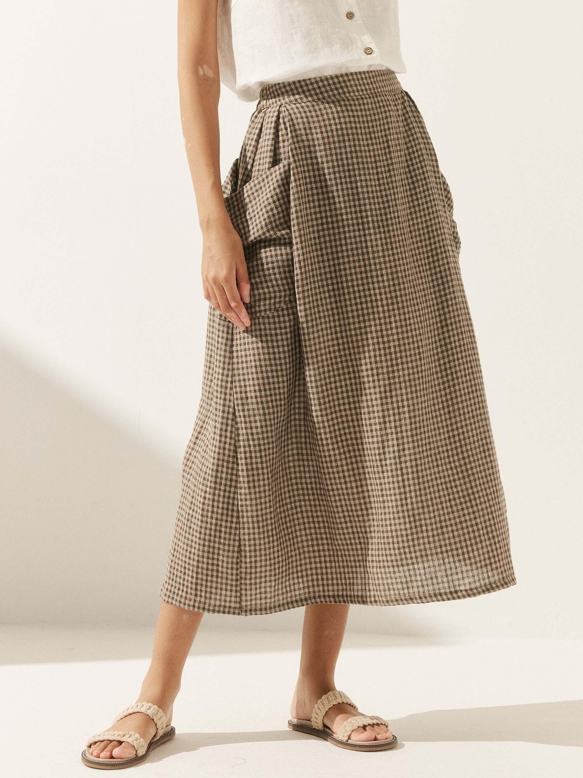 Linen Checked Elastic Waist Skirt ONYX