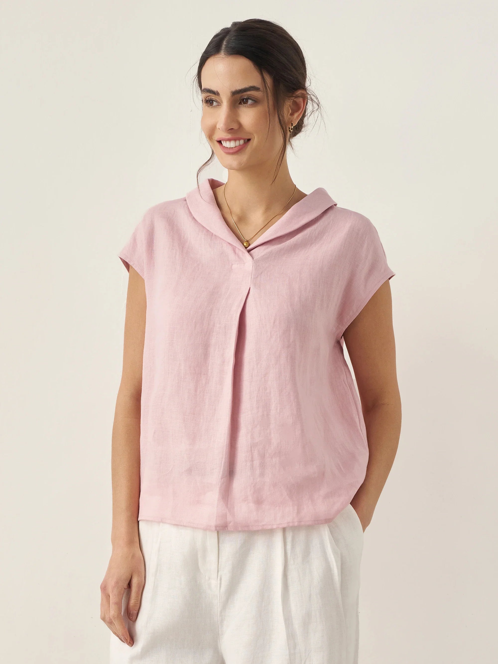100% Linen Shawl V-Neck Cap Sleeves Top ELARA