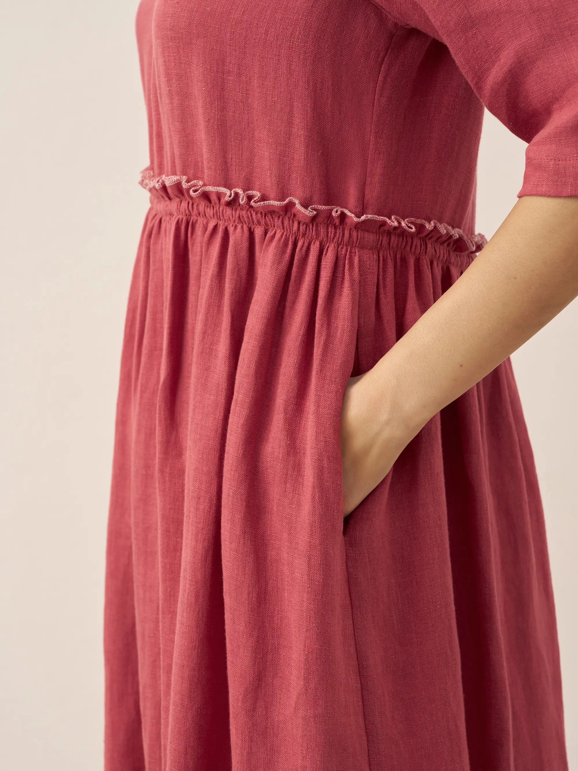 100% Linen Petal-Waist Drawstring Midi Dress JASMINE