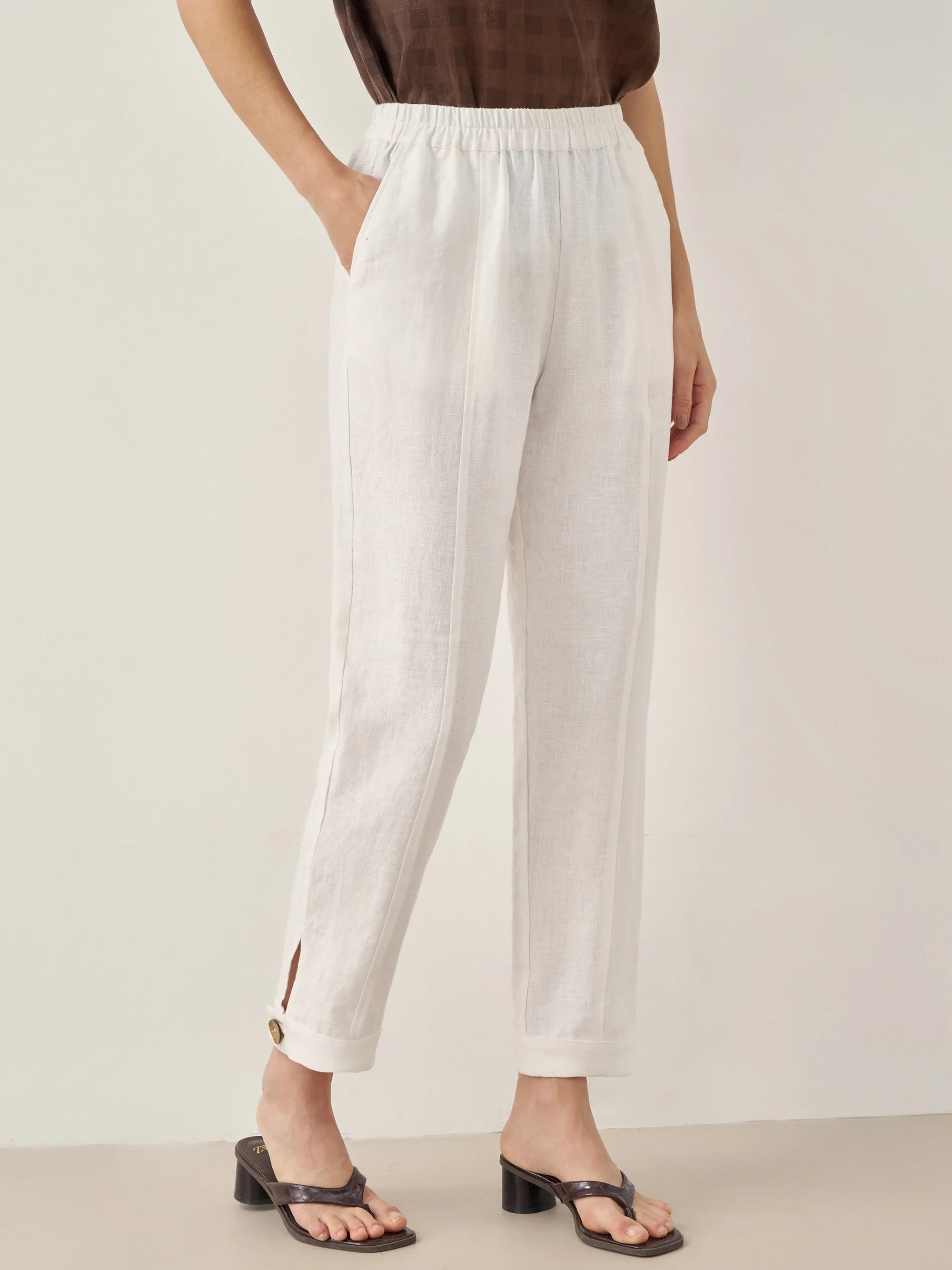100% Linen Straight-Leg Pants with Elastic Waist PATRICE