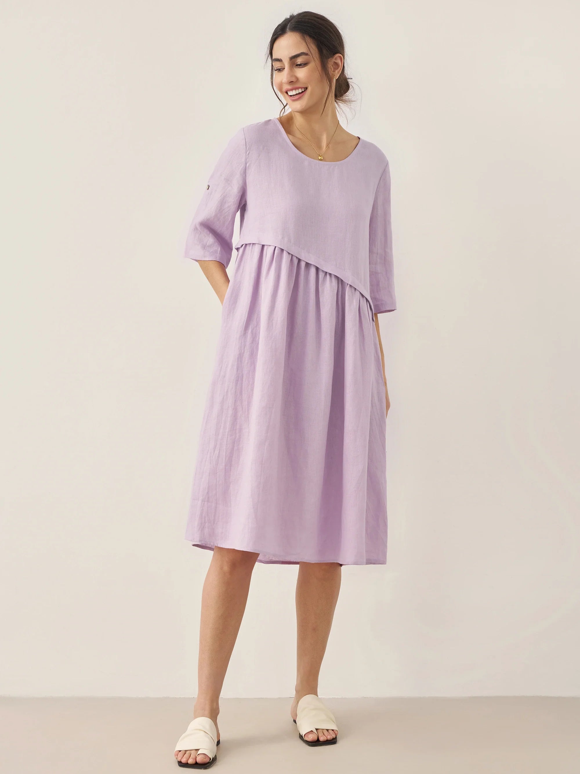 100% Linen Asymmetrical Pleated Round Neck Midi Dress YOLANDA