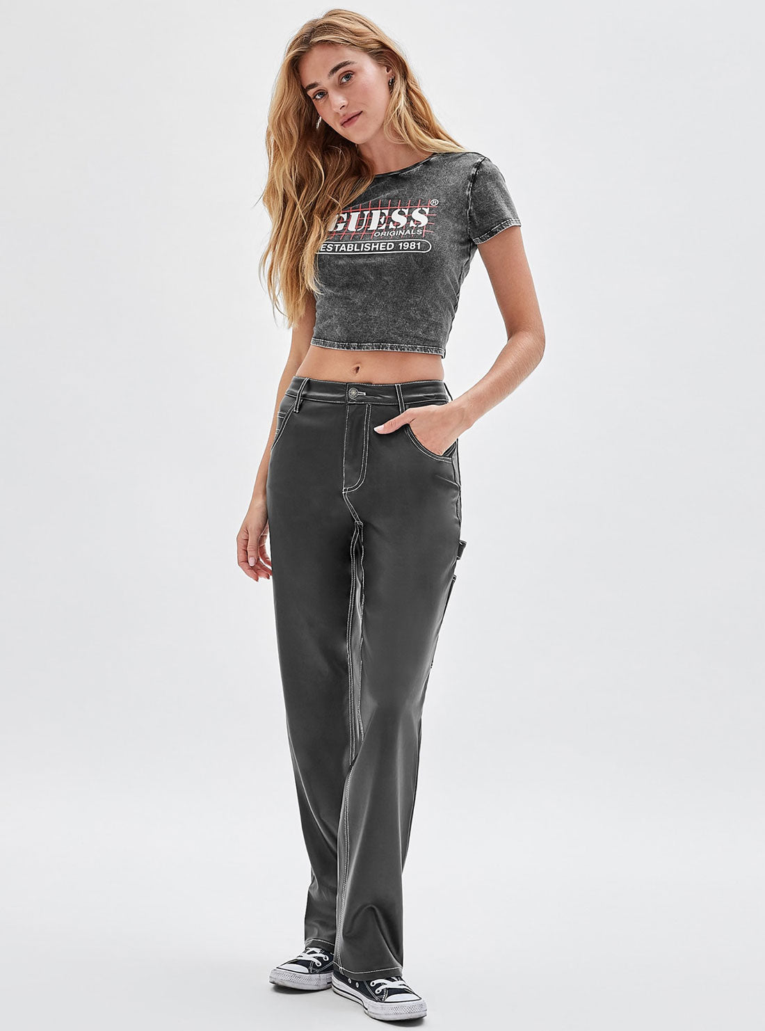 Guess Originals Black Raelyn Grid Logo Crop T-Shirt