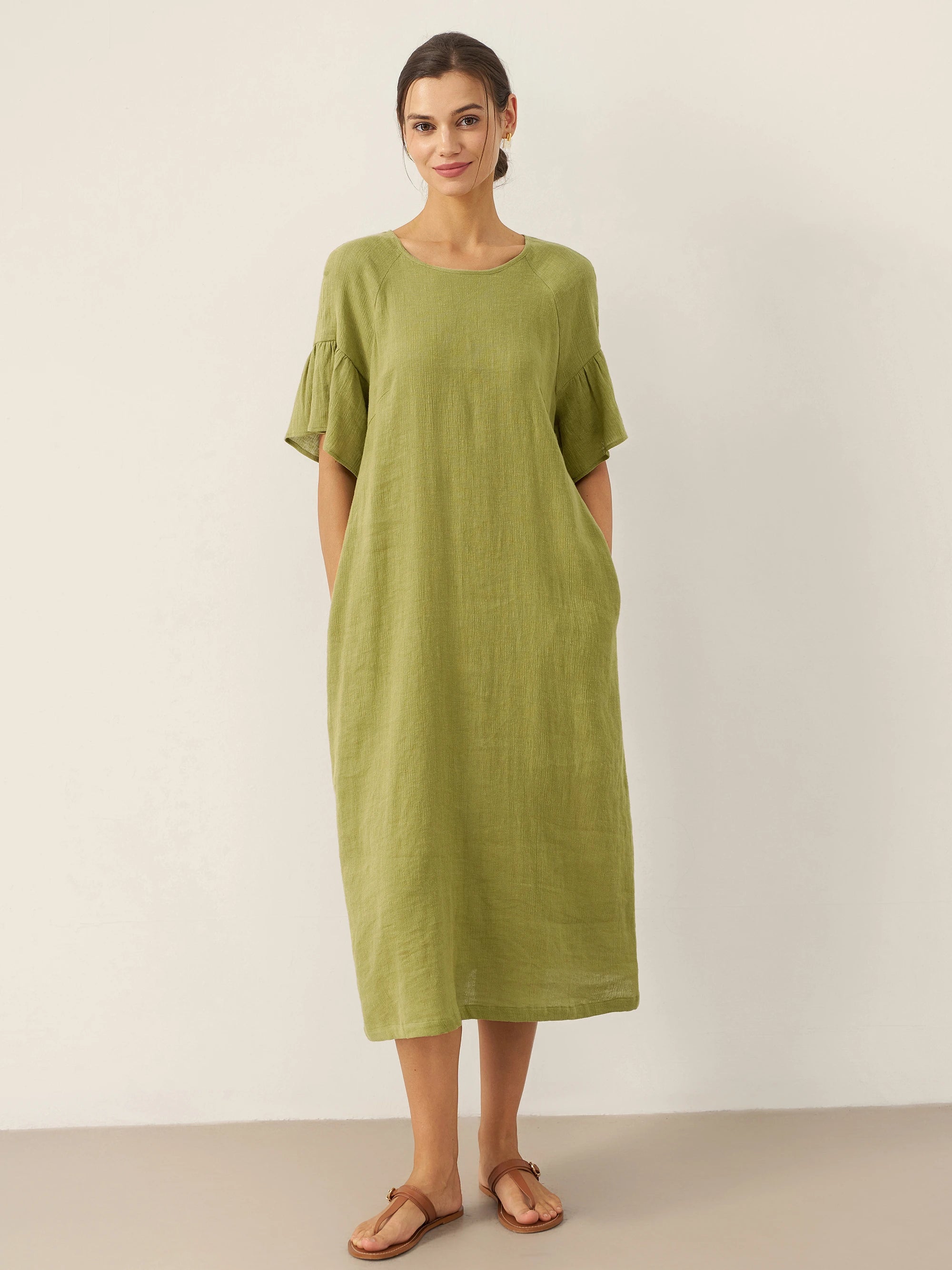 Linen Round Neck Flutter Sleeve Maxi Dress WINNIE