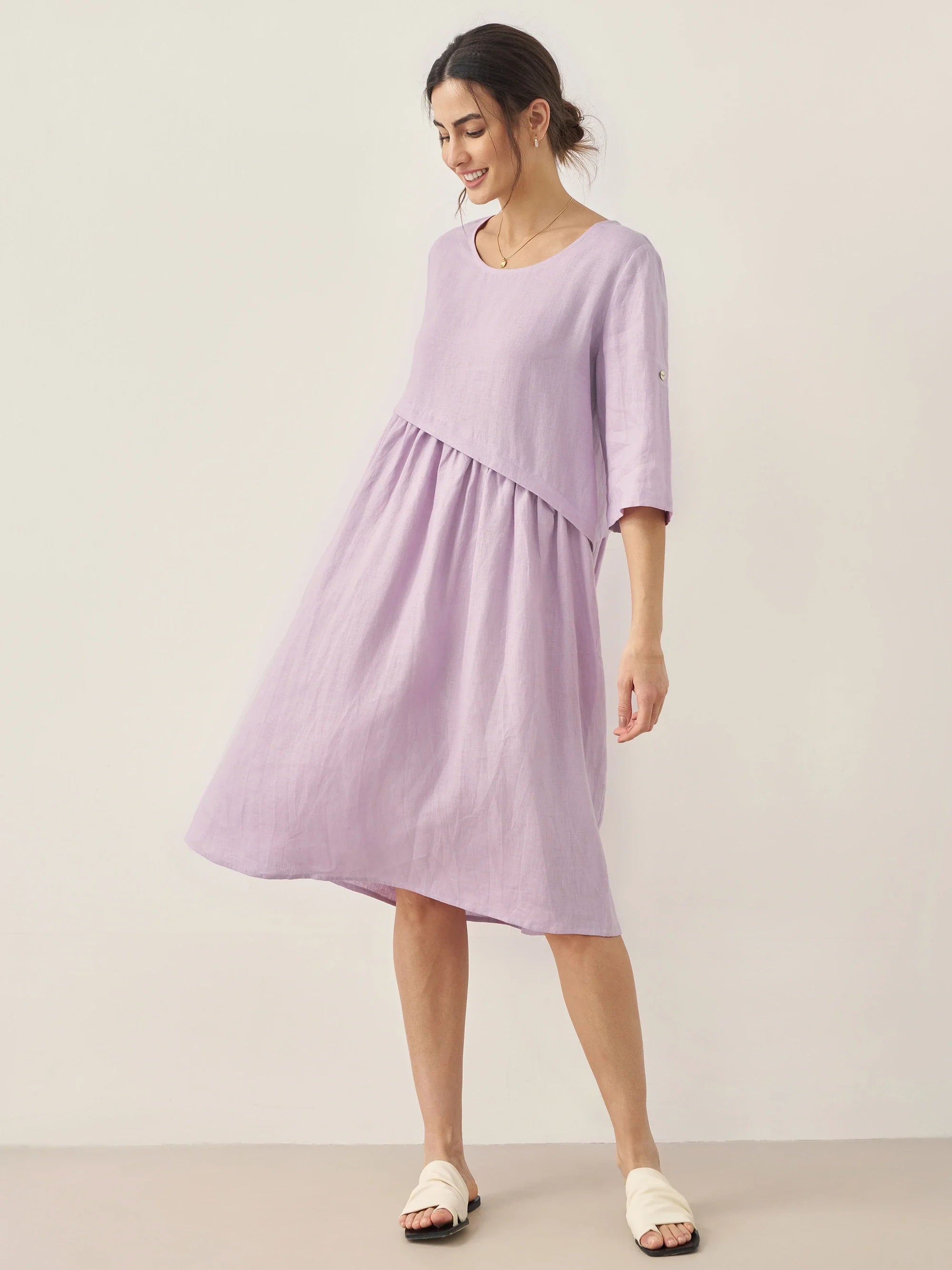 100% Linen Asymmetrical Pleated Round Neck Midi Dress YOLANDA