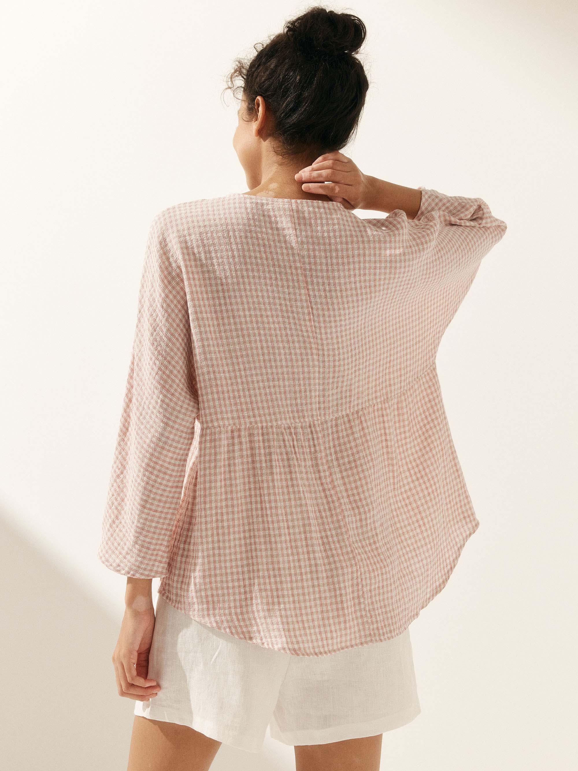 Linen Checked Long-Sleeved Top CAROLINE