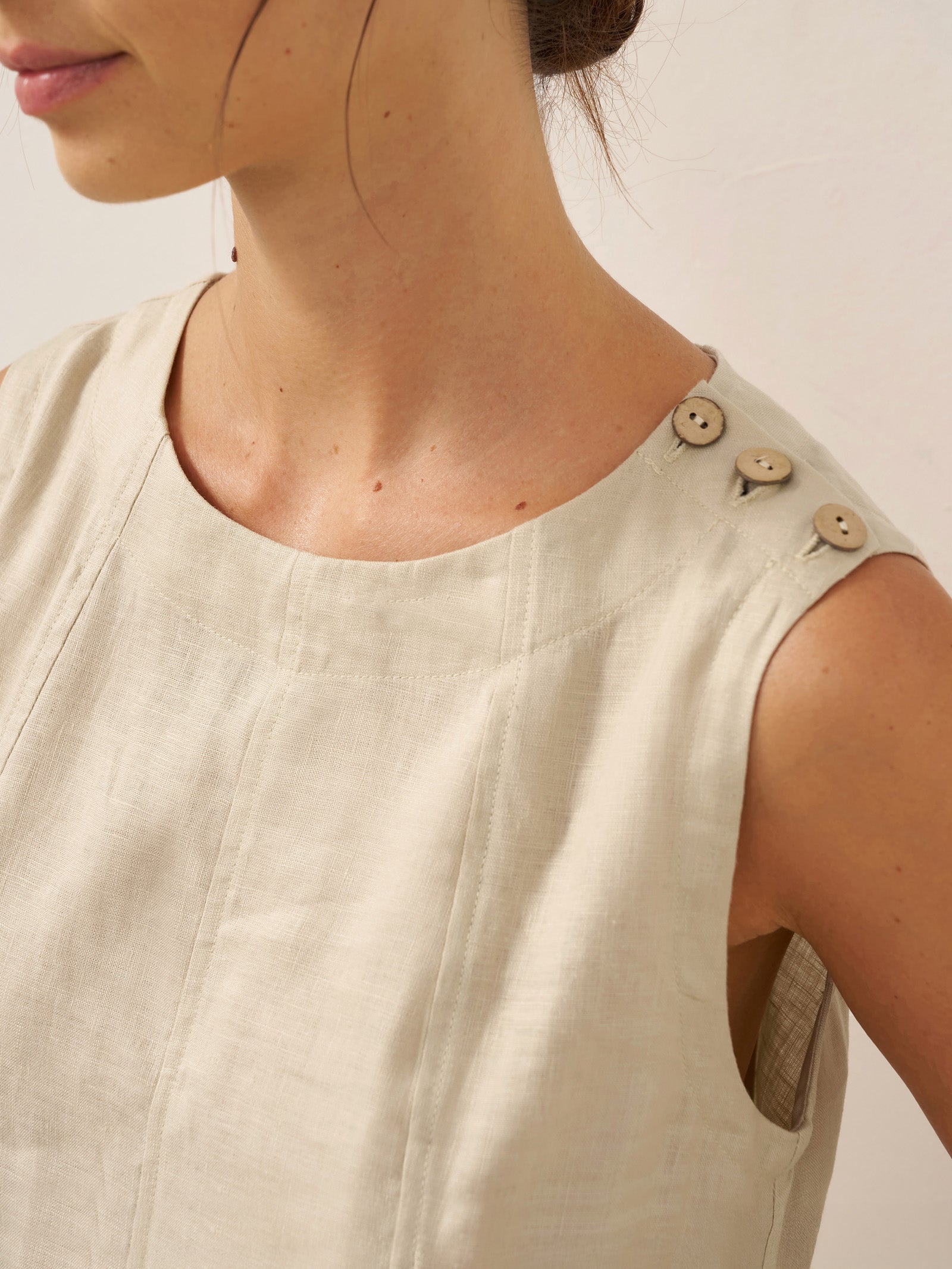 100% Linen Sleeveless Shoulder Button Midi Dress FREYA