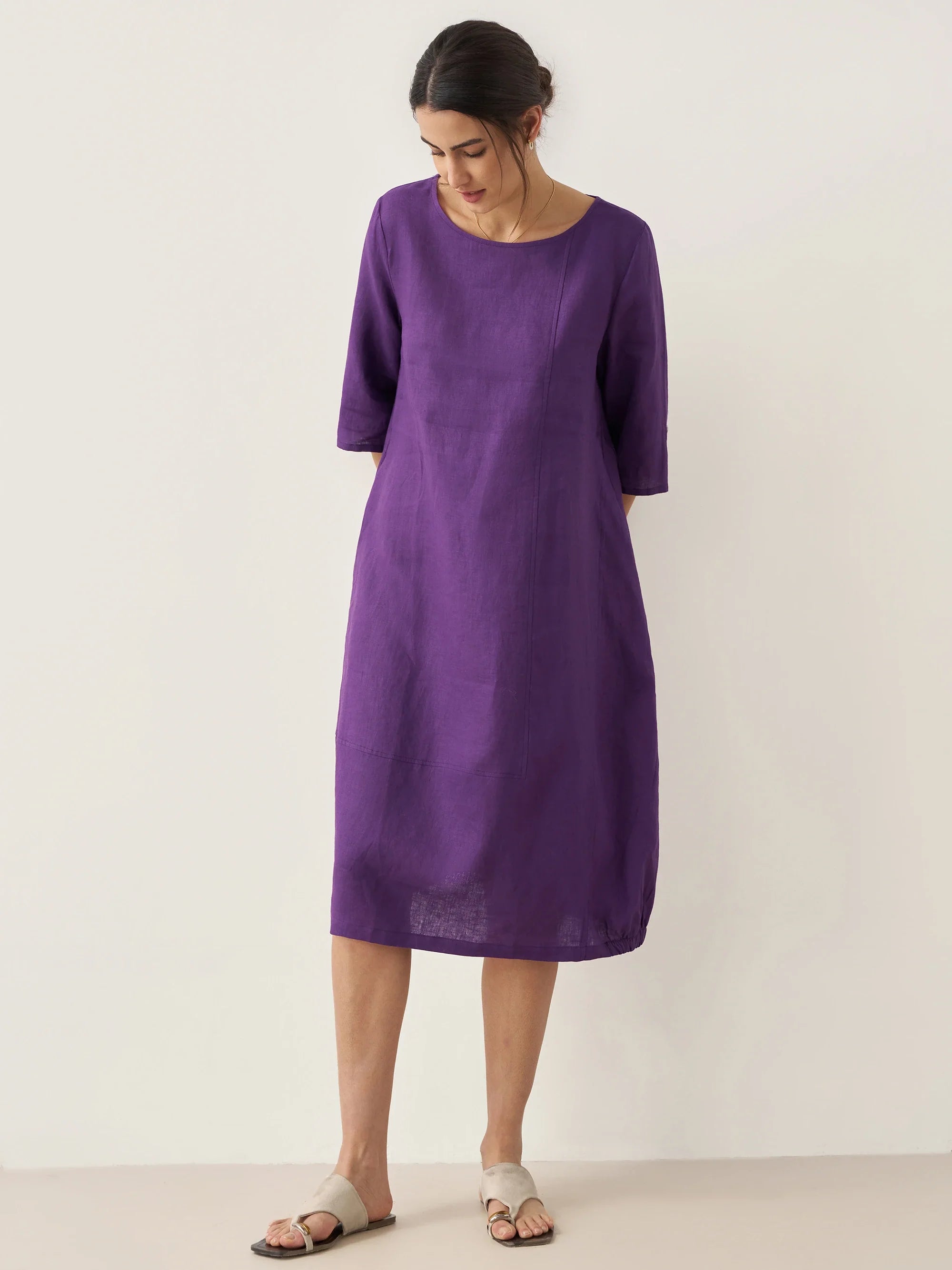 100% Linen Collarless Mid-Length Dress