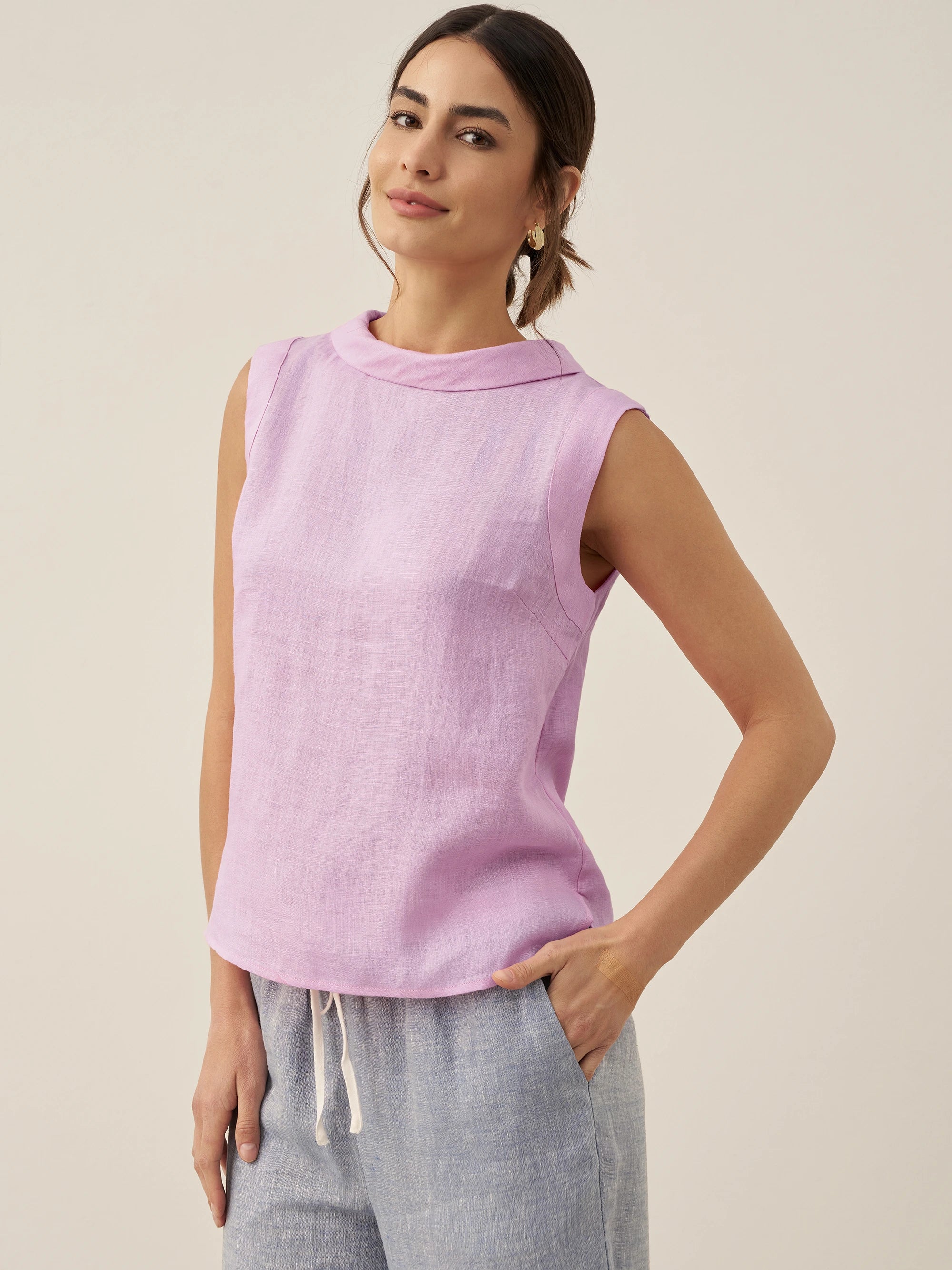100% Linen Draped Collar Tank Top JACQUELINE