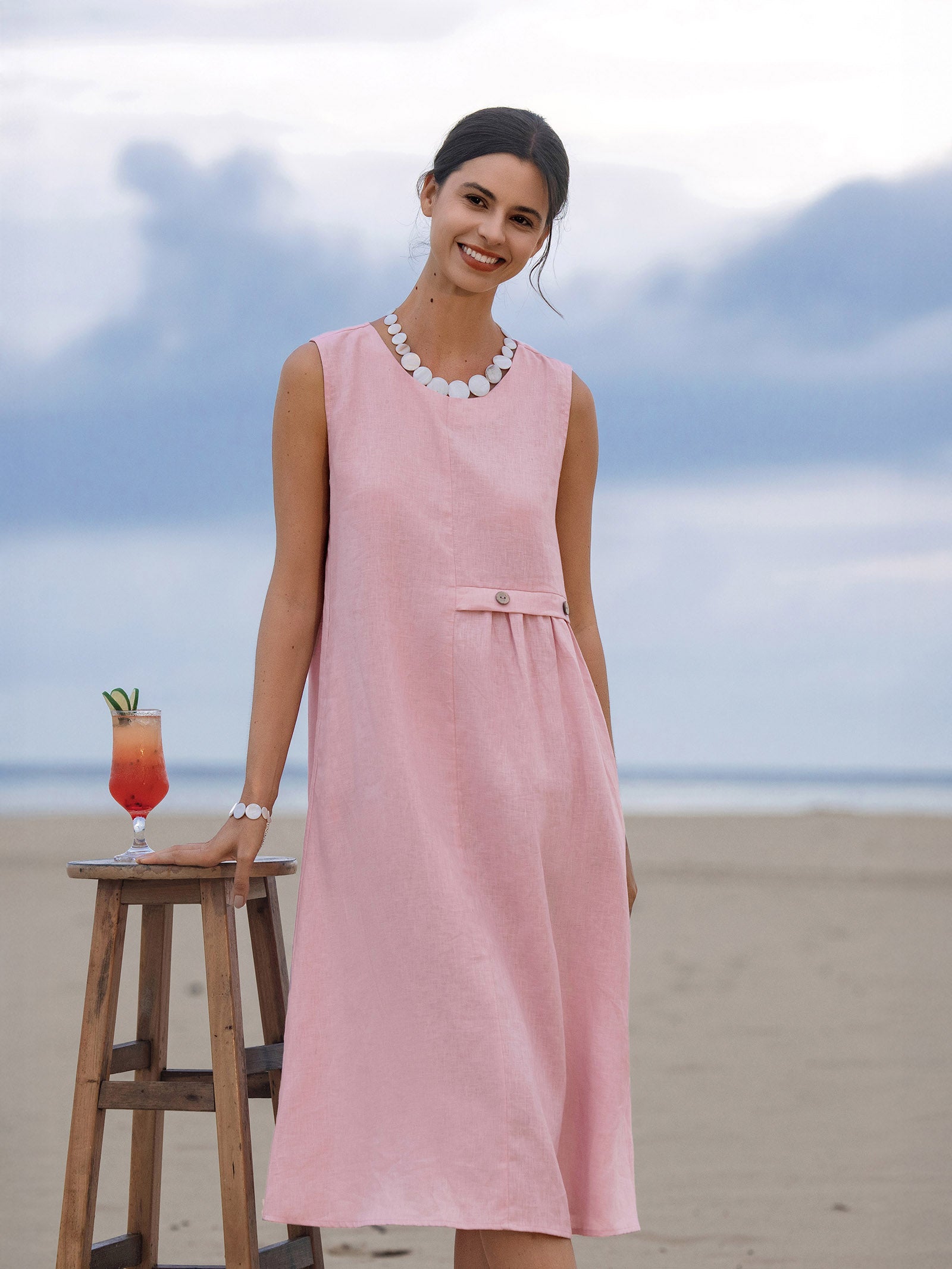 100% Linen Sleeveless Accordion Pleat Midi Dress TINA