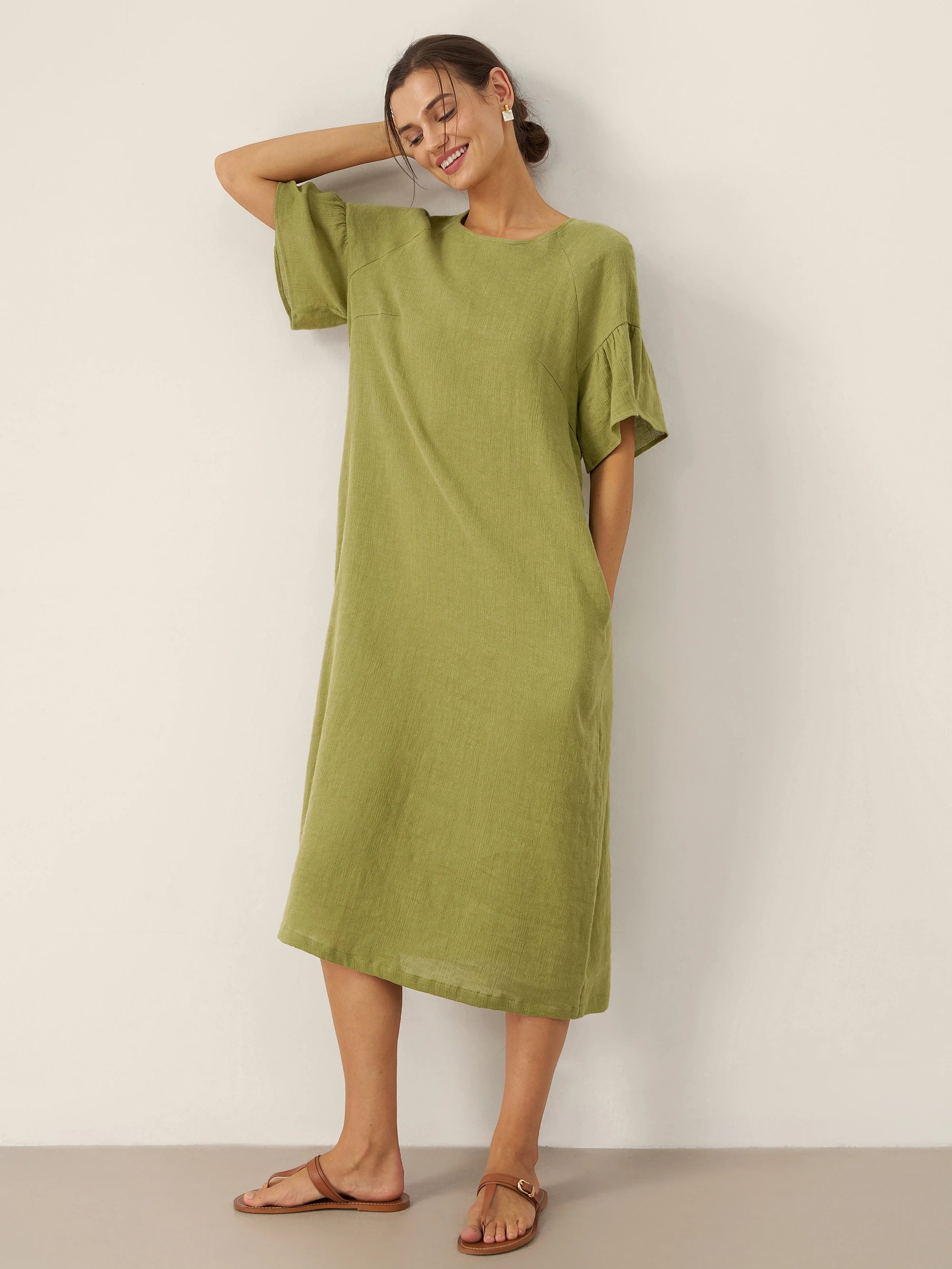 Linen Round Neck Flutter Sleeve Maxi Dress WINNIE