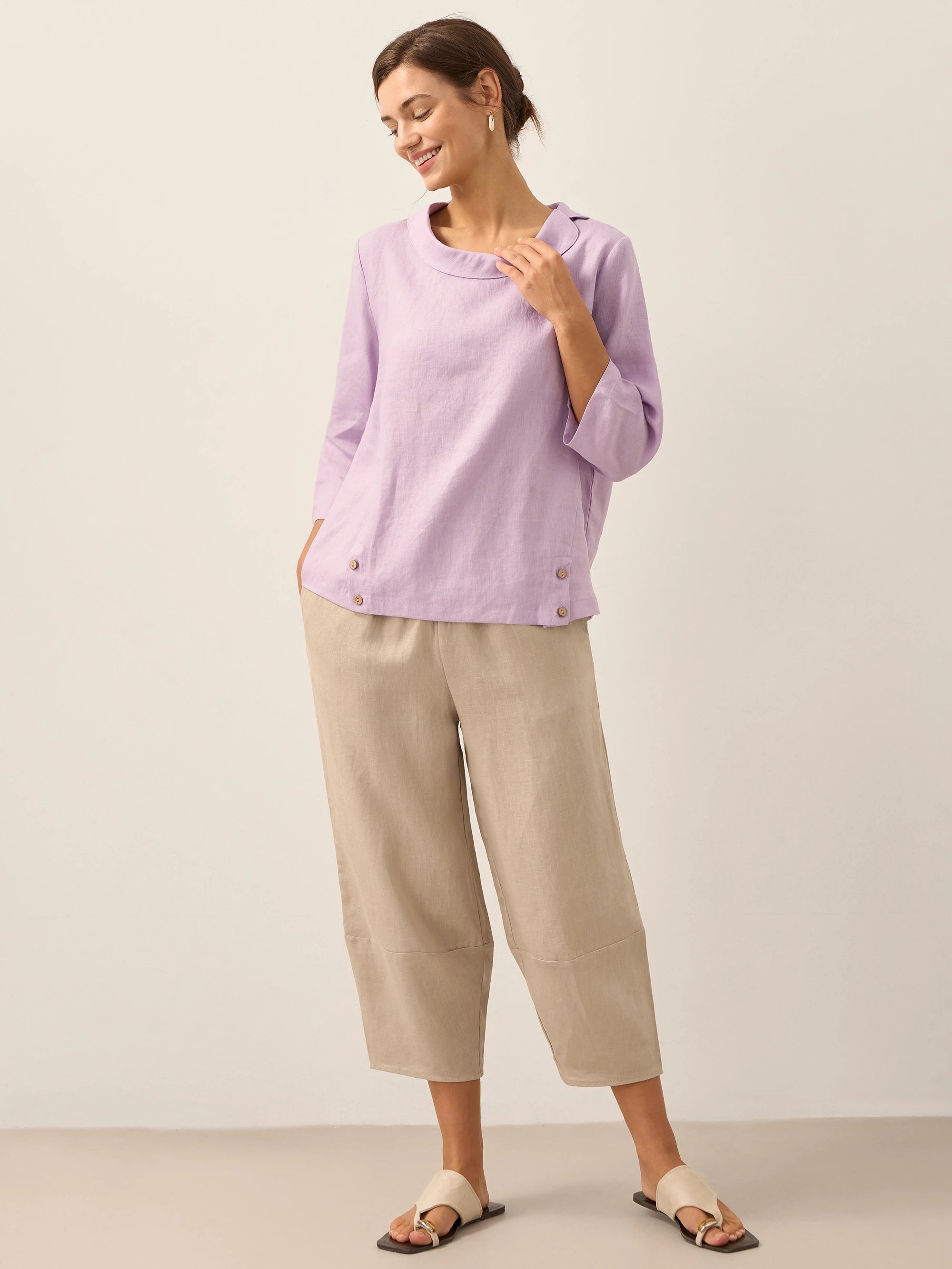 Linen Gingham Checked Round Soft-Fold Collar Top LAURA