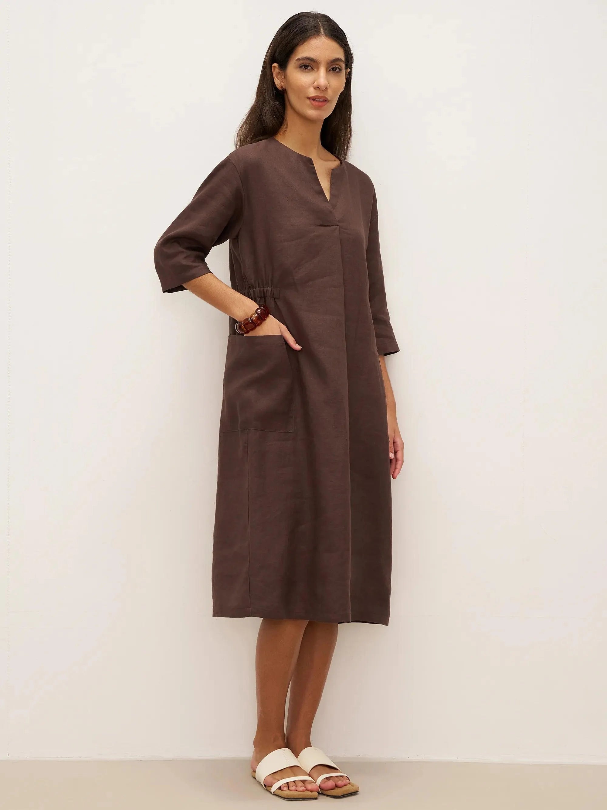 100% Linen V-neck Bell Pocket Midi Dress EVELINA