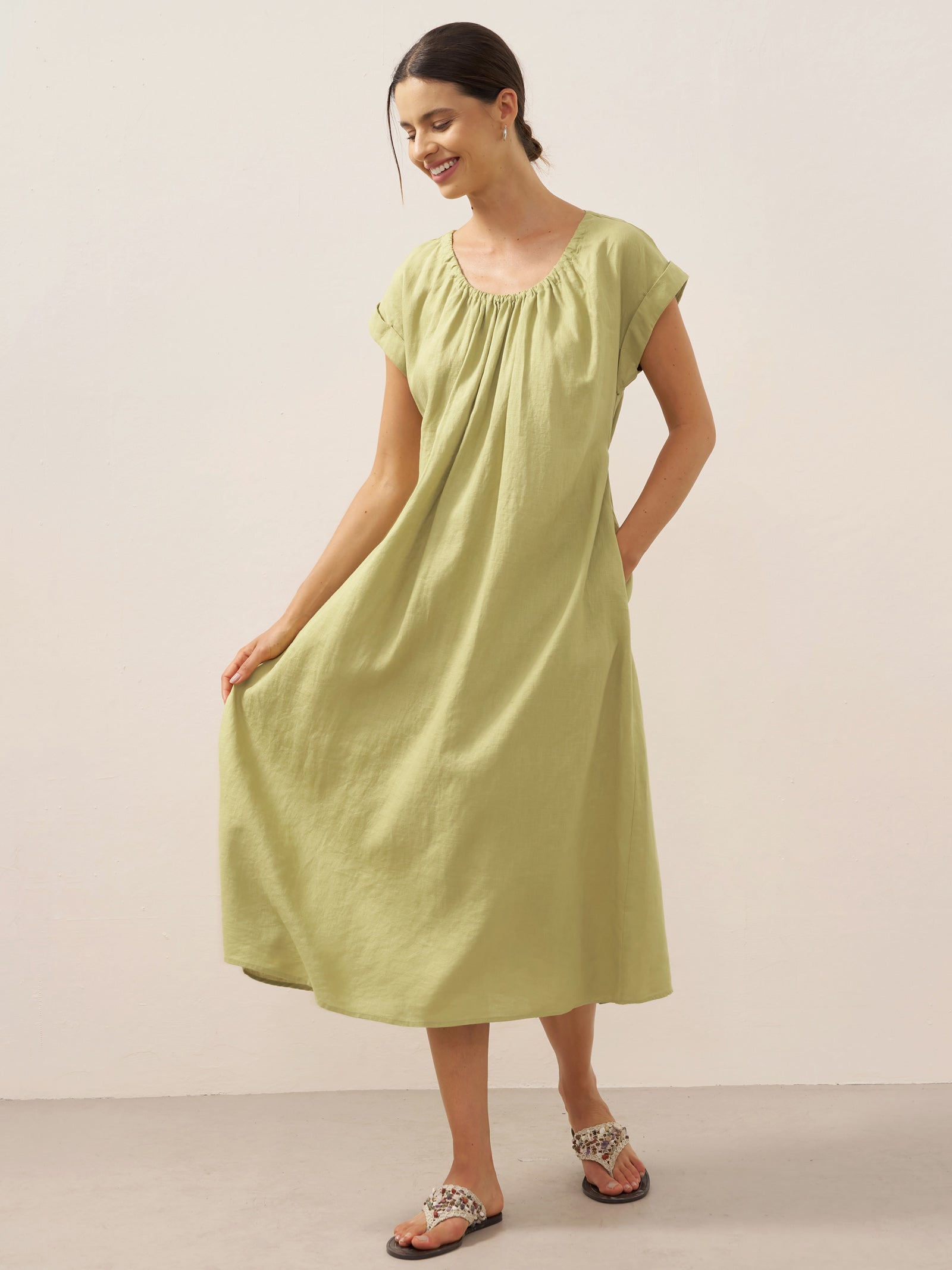 100% Linen Pleated Crew Neck Maxi Dress with Detachable Tie Straps MIRA