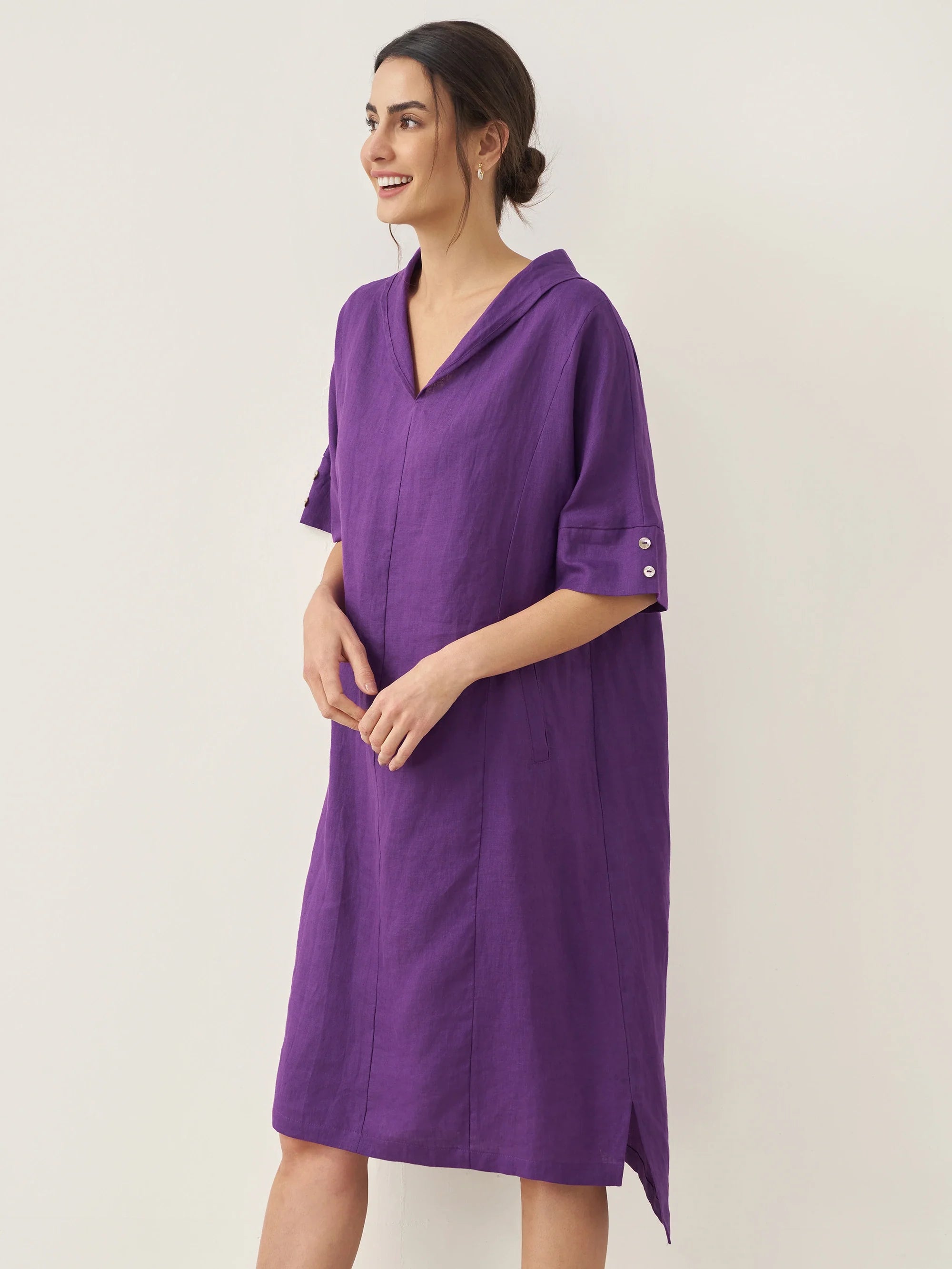 100% Linen V-Neck Pullover Midi Dress AUBREY