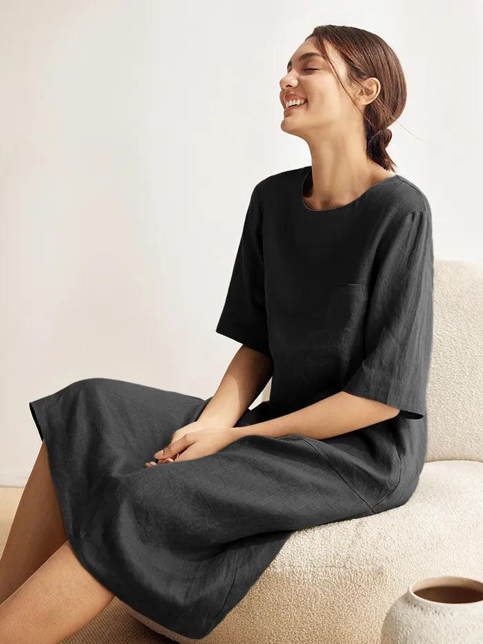 100% Linen Mid-Sleeve Maxi Dress