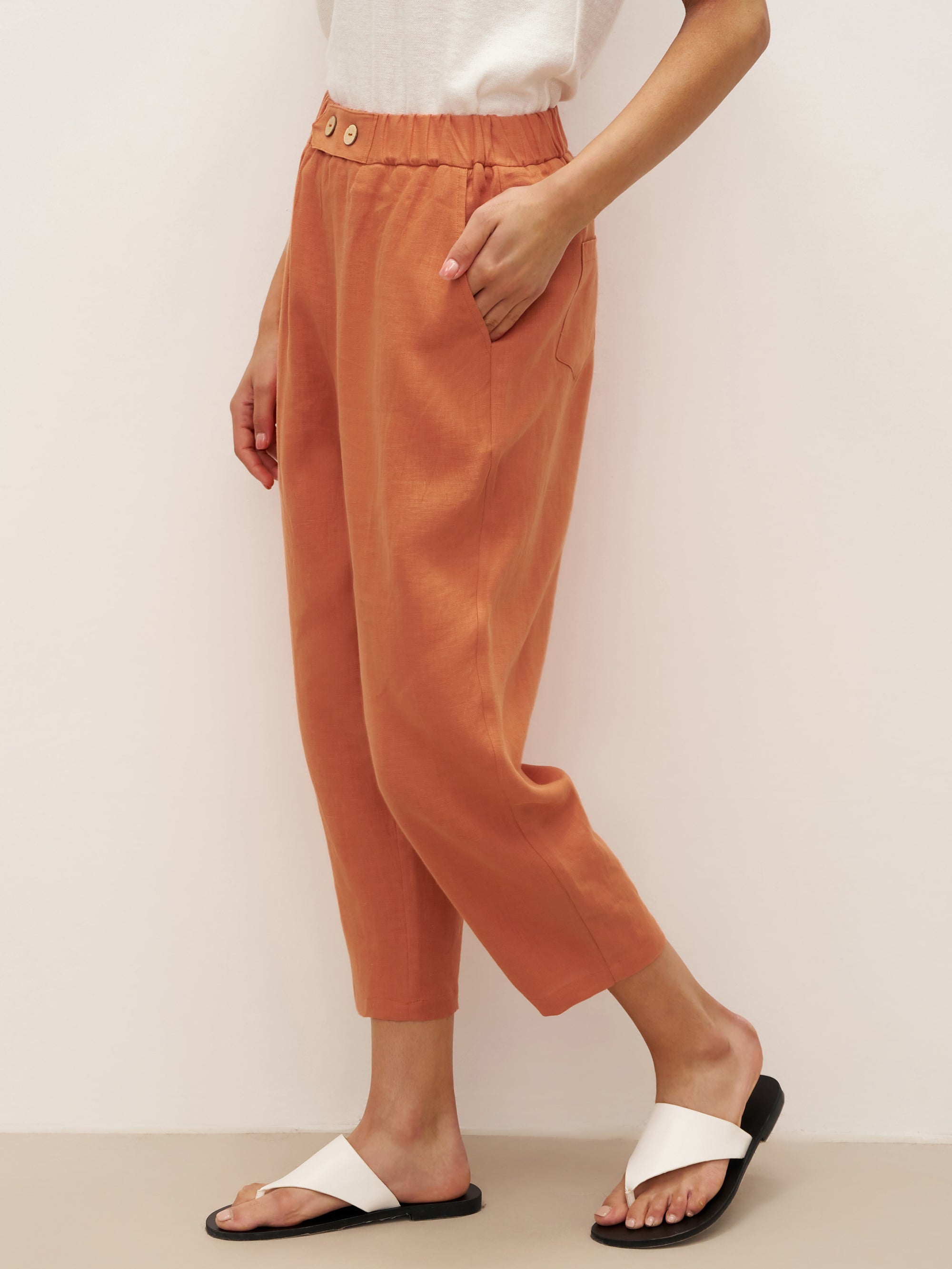 100% Linen Button Accents Tapered Pants DORALIE