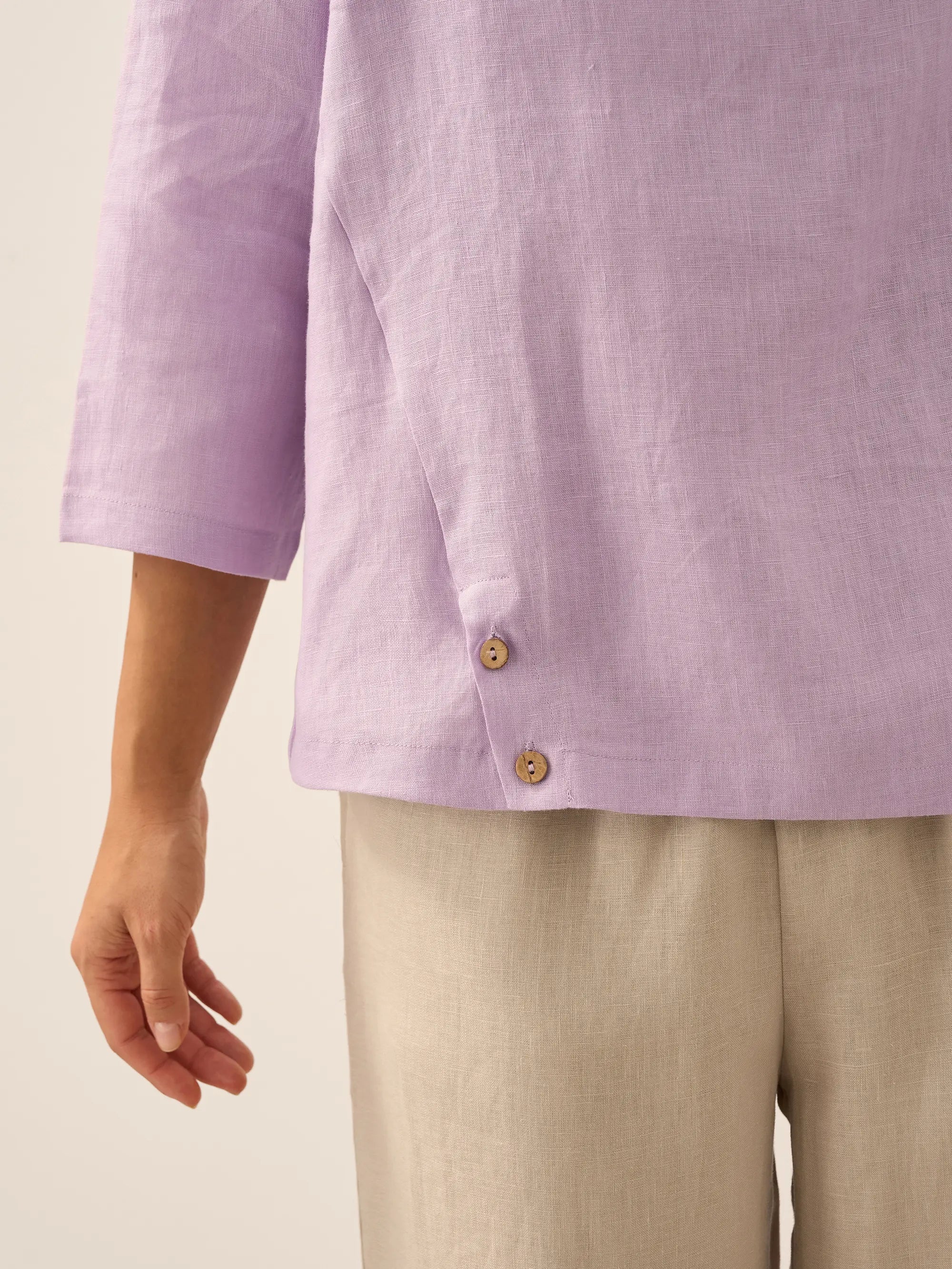 Linen Gingham Checked Round Soft-Fold Collar Top LAURA