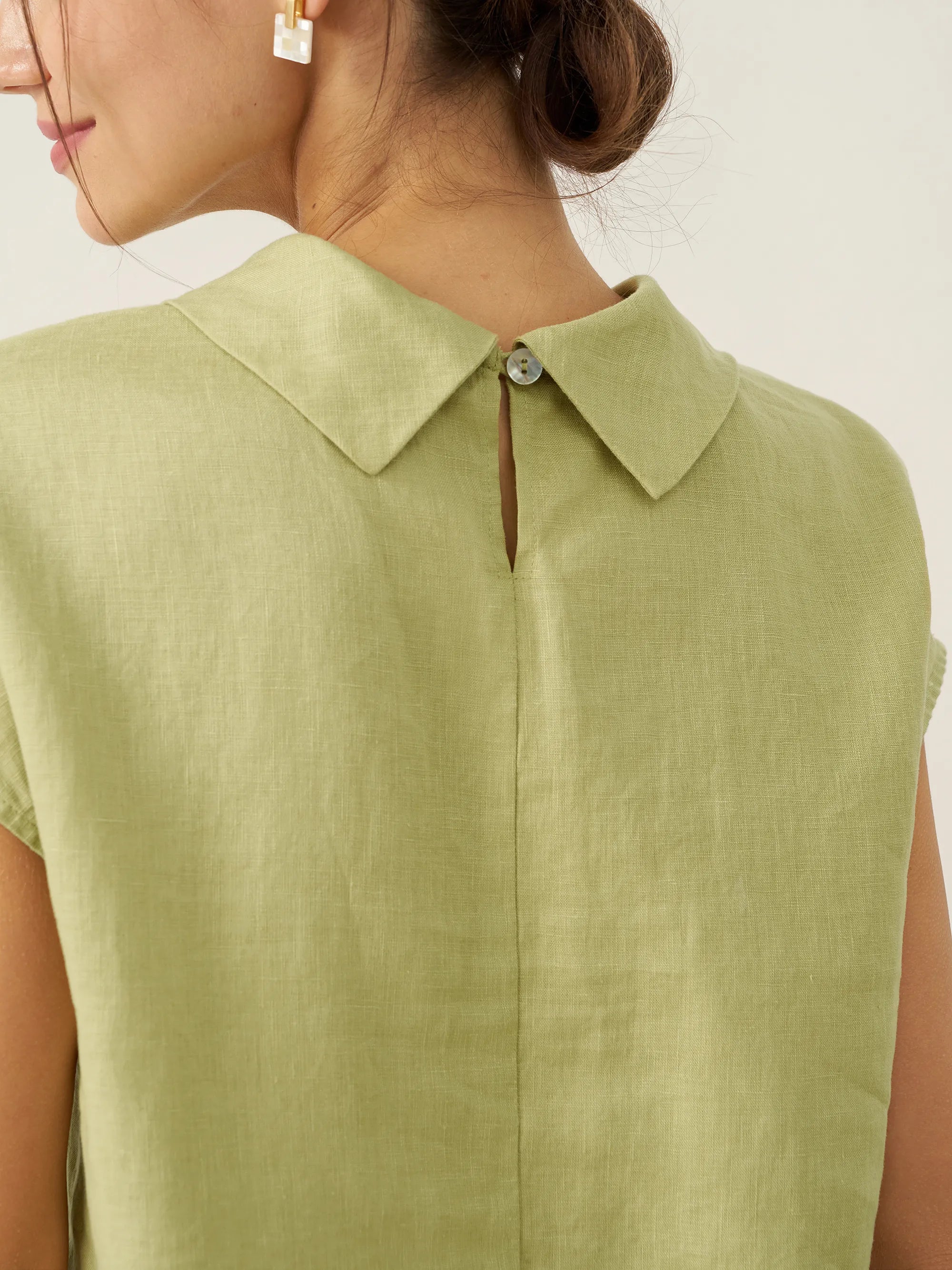 100% Linen Cap Sleeve Soft-Fold Collar Top YVONNE
