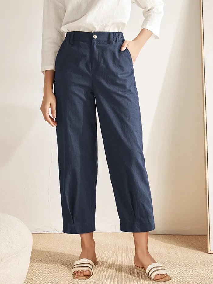 Linen Pocketed Straight-Leg Ankle Pants NINA