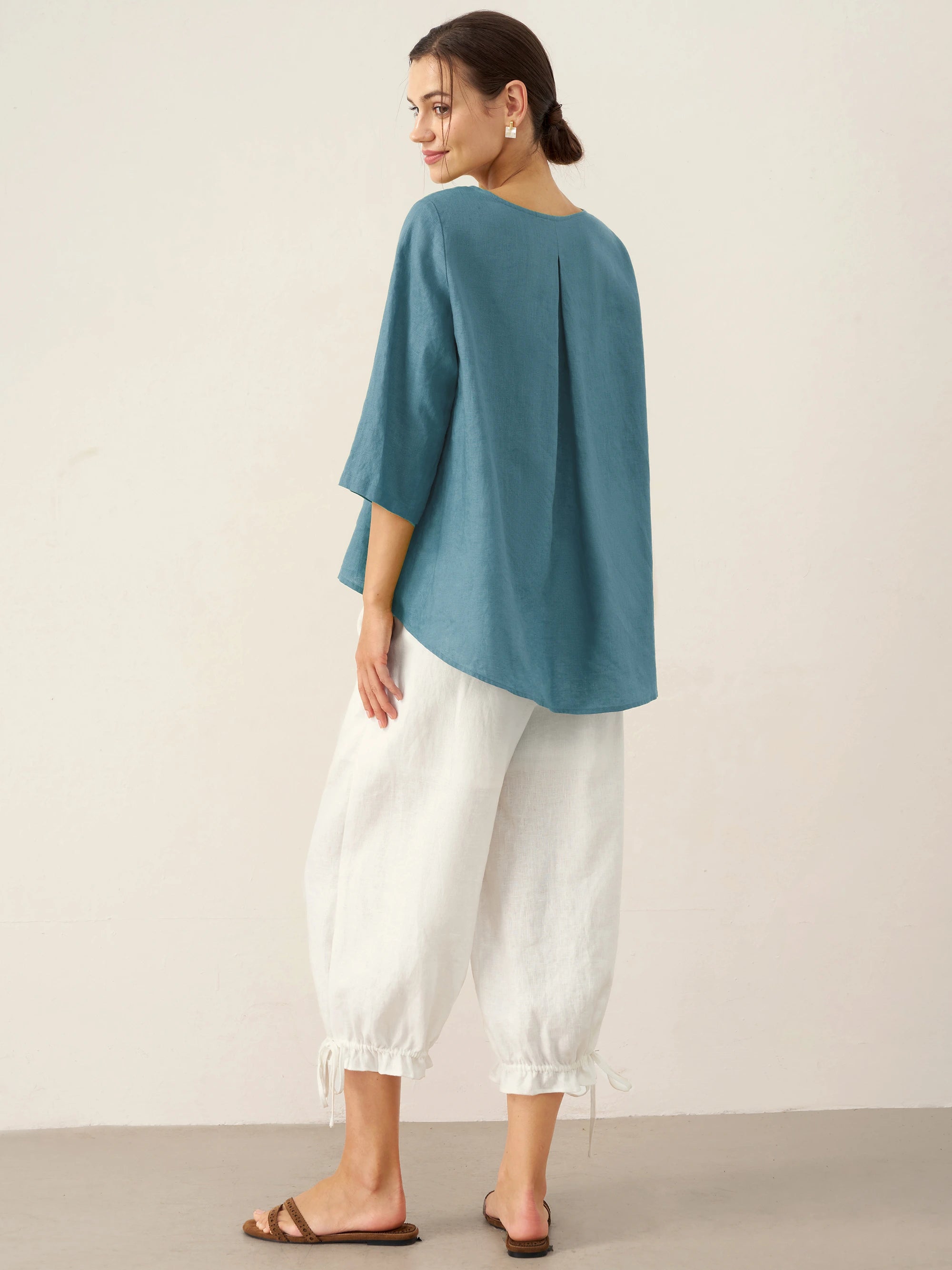 100% Linen Round Neck Asymmetrical Hem Top BRIANNA