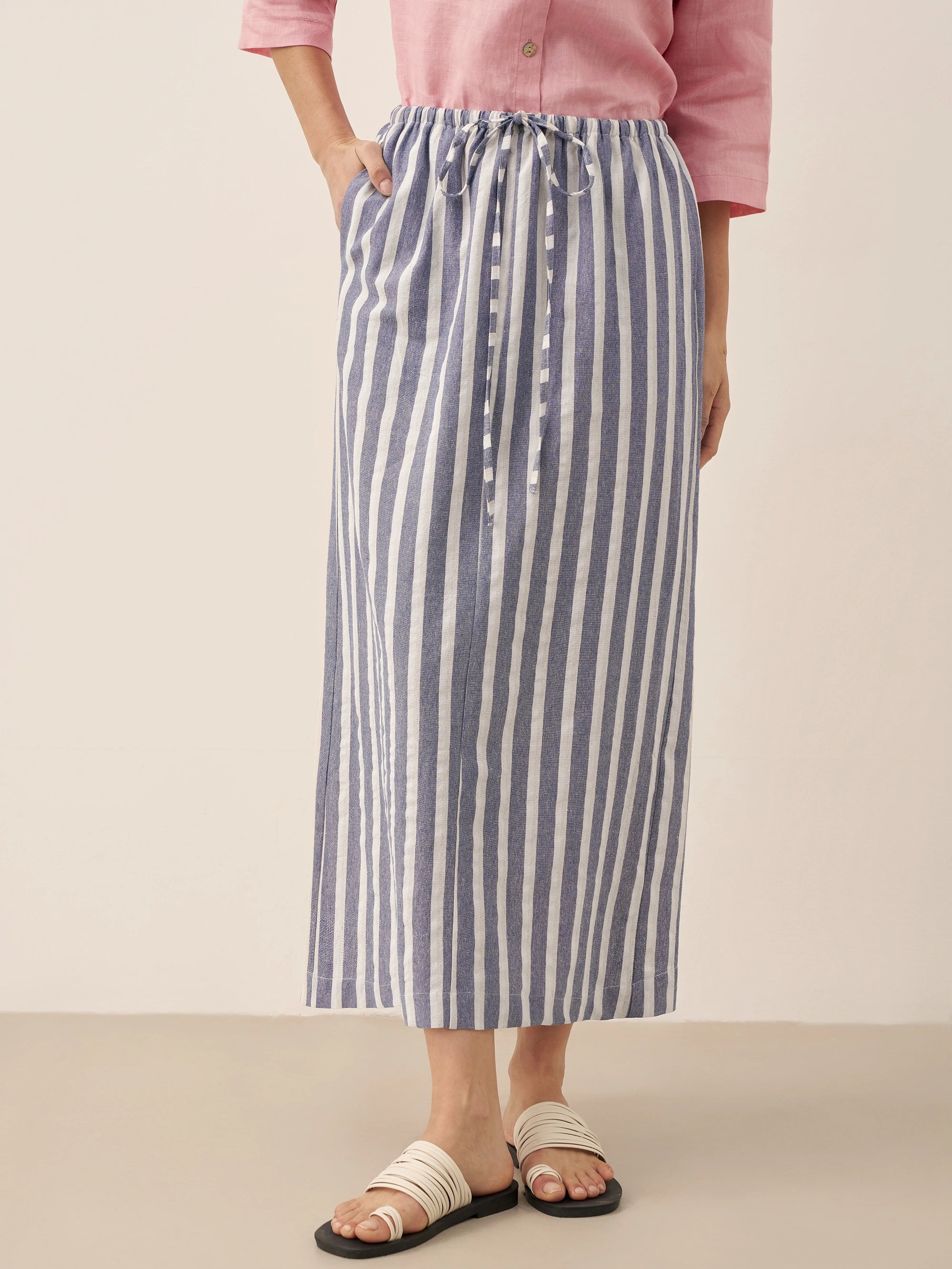Linen Striped Drawstring Skirt ELISE
