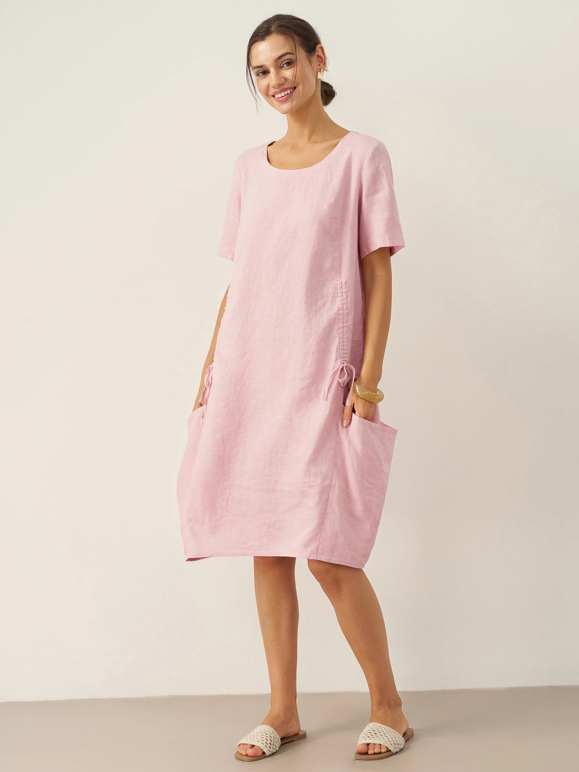 100% Linen Round Neck Patch Pocket Midi Dress XENA