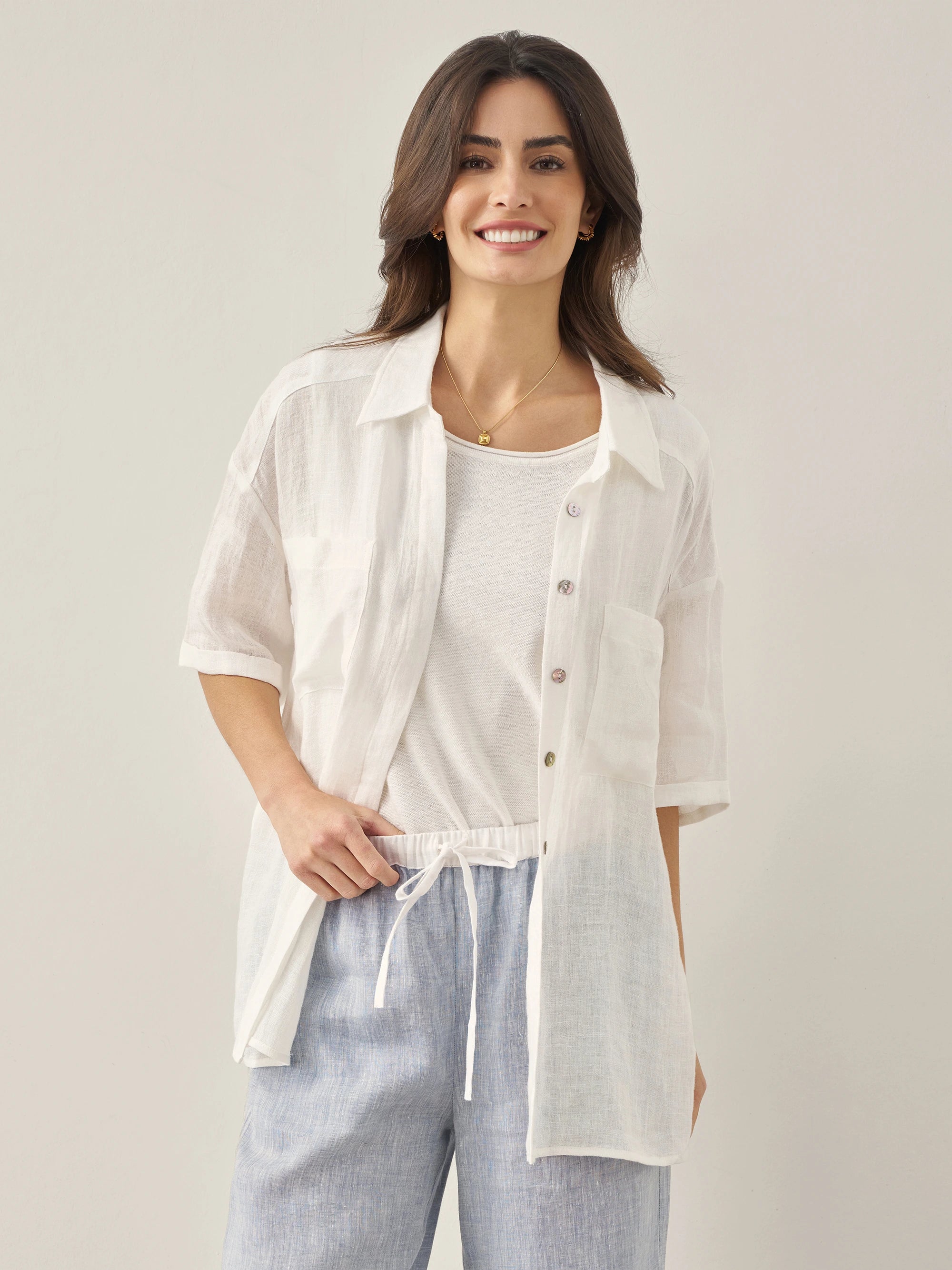 100% Linen Pocket Detail Button-Front Shirt CLARA